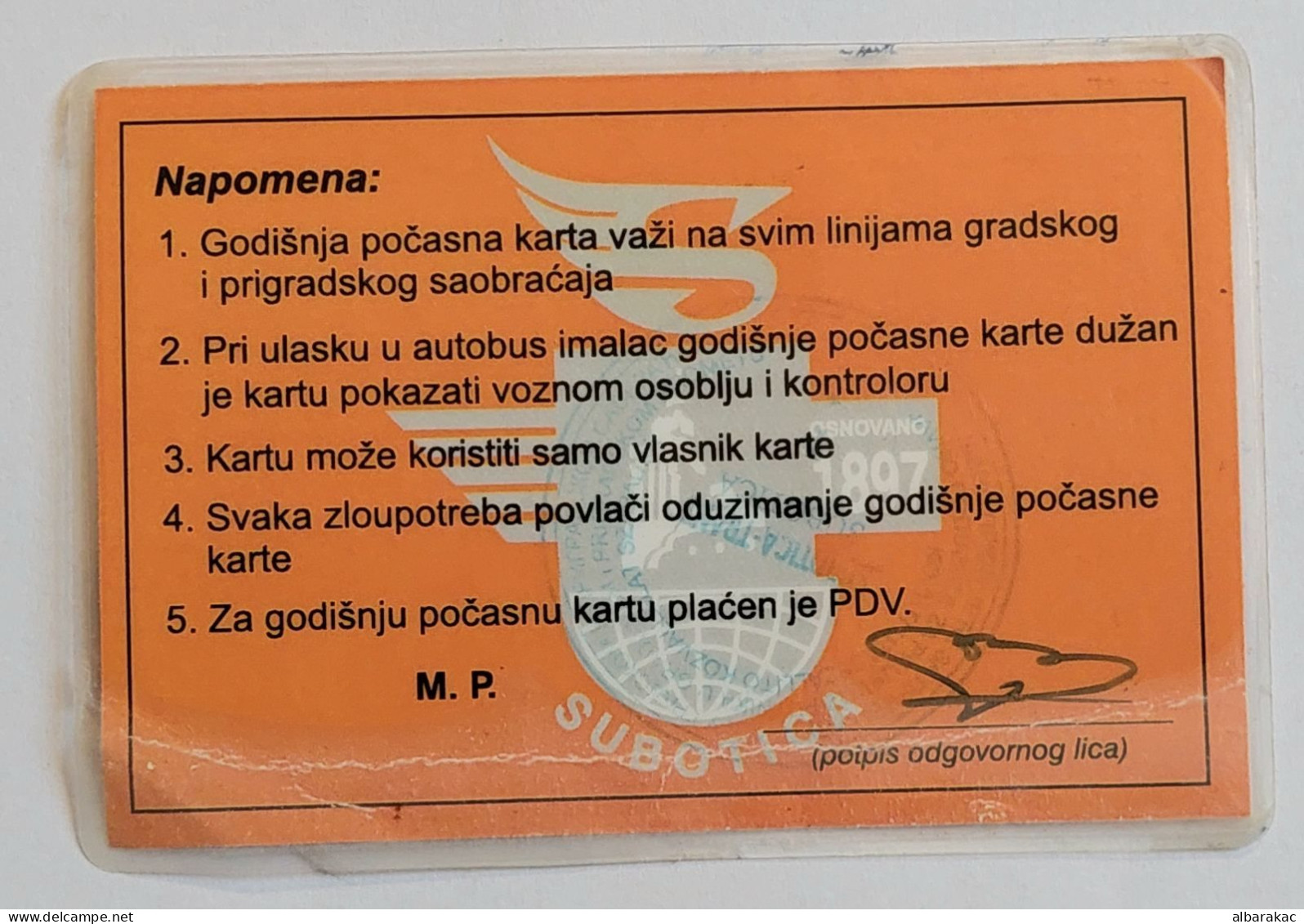 Yugoslavia - Subotica Honorary Annual Ticket - City Bus - Europe