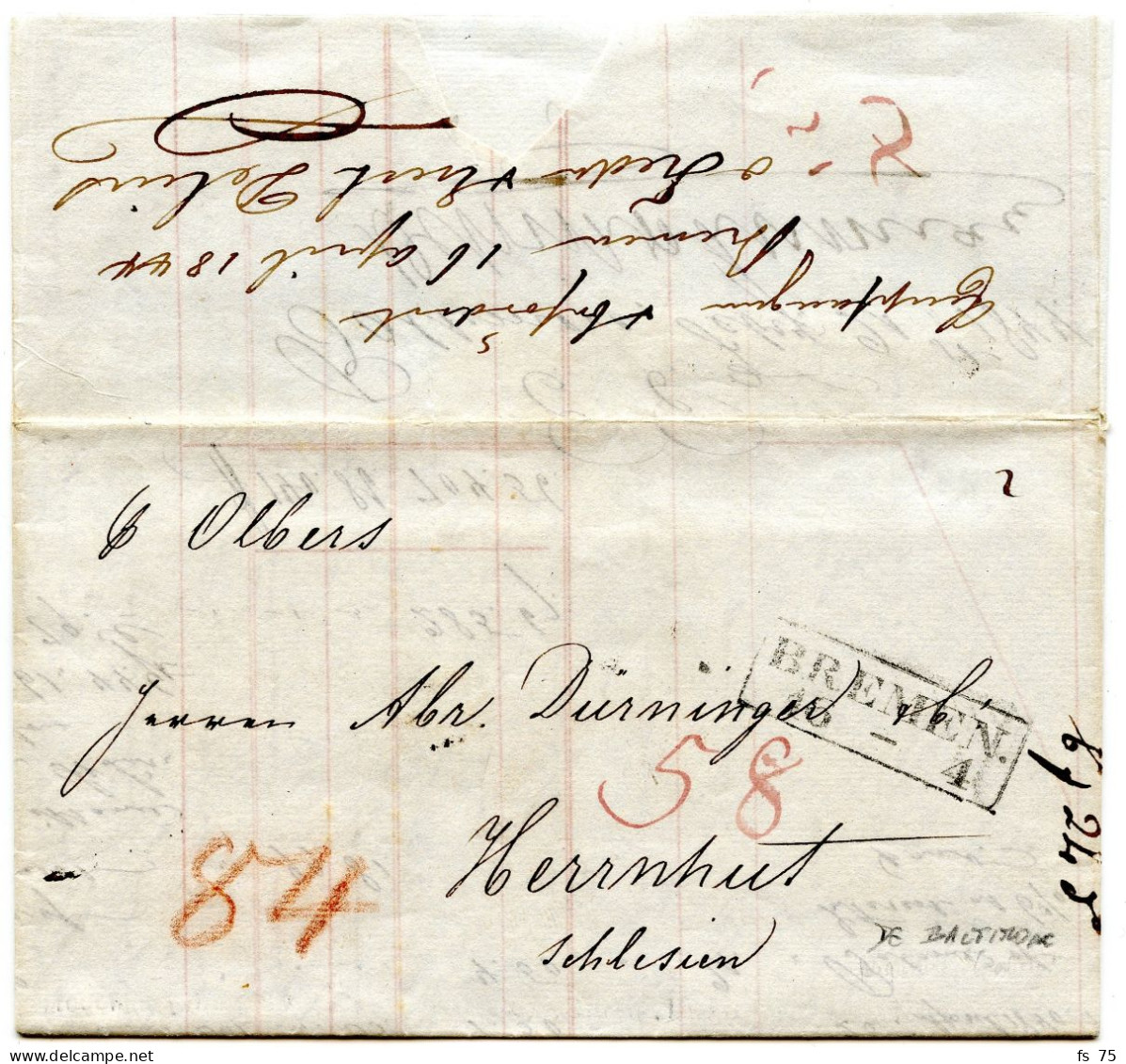 ALLEMAGNE - TRANSATLANTIC BREMEN + ACHEMINEUR SUR LETTRE DE BALTIMORE, 1844 - [Voorlopers