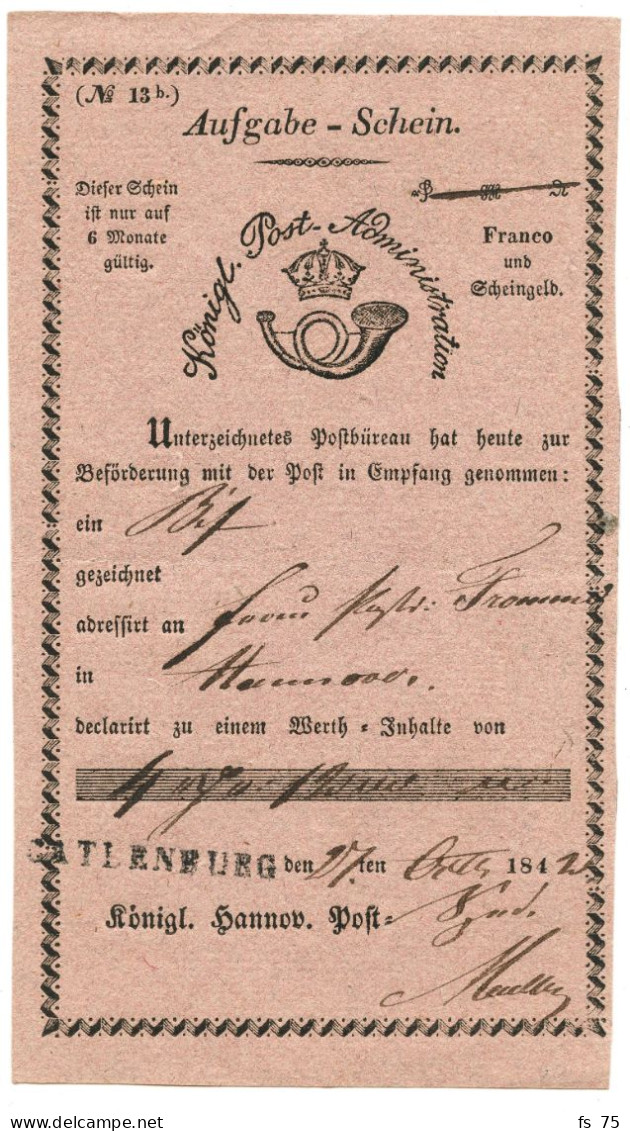 ALLEMAGNE - CATLENBURG SUR AUSGABE-SCHEIN, 1842 - Prephilately