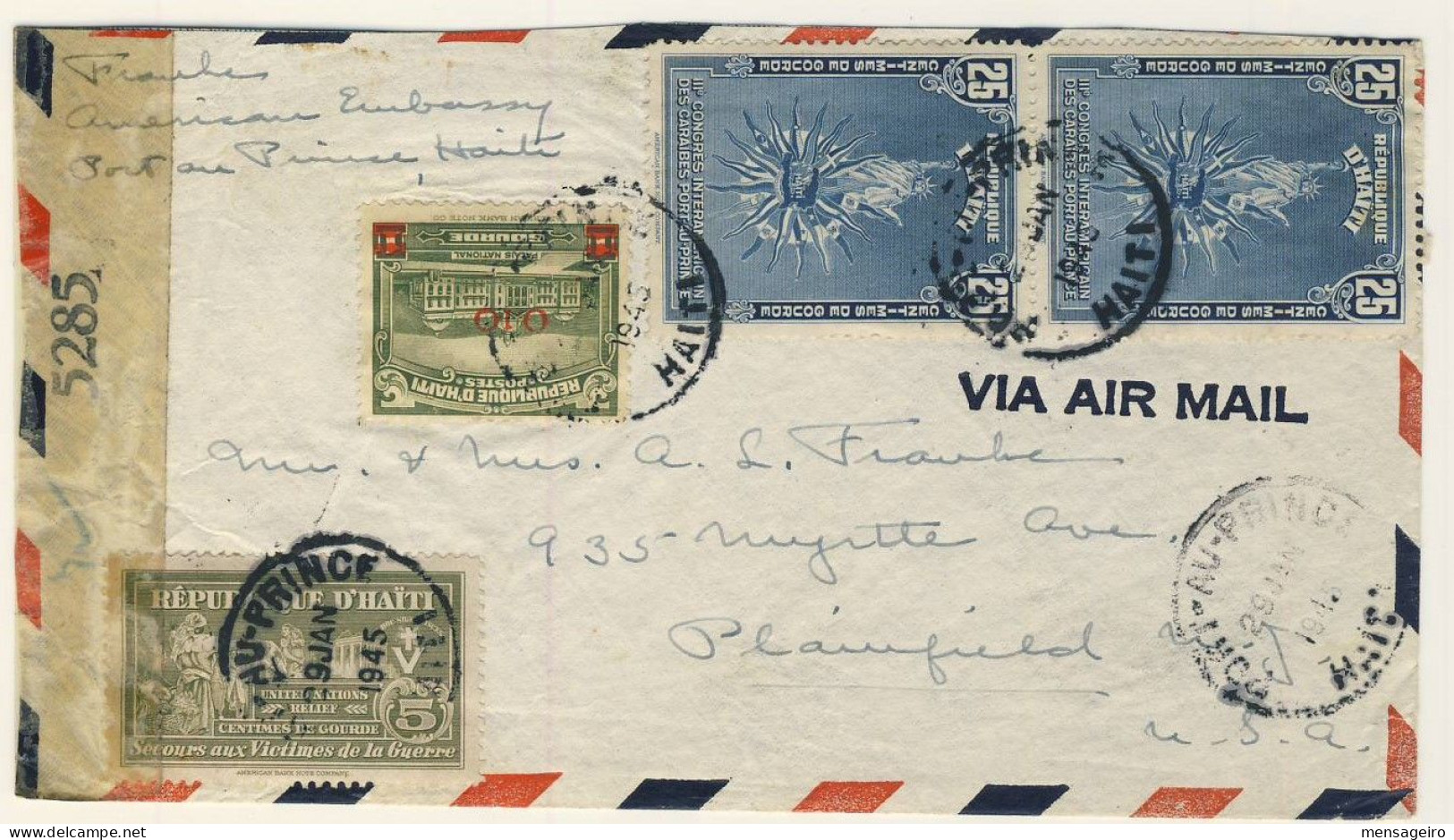 (C01) - HAITI - CENSORED AIR MAIL COVER PORT AU PRINCE => USA 1945 - Haiti