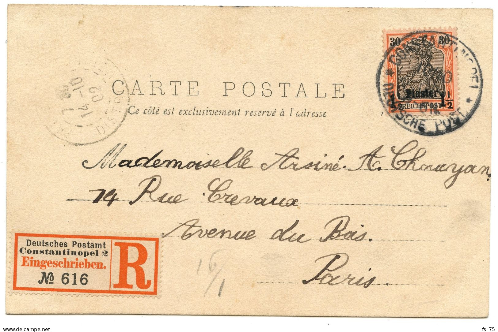 LEVANT ALLEMAND - 1P 1/2 SUR CARTE POSTALE RECOMMANDEE DE CONSTANTINOPLE POUR PARIS, 1902 - Turkey (offices)