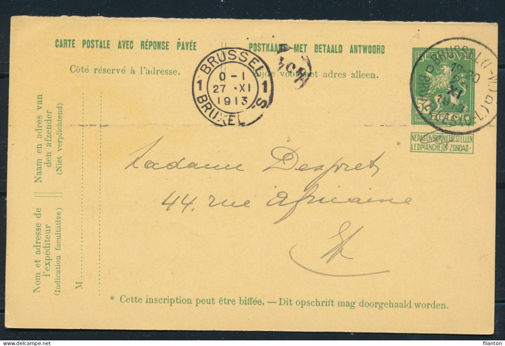PWS - Cachet "BRUSSEL (L.W.) - BRUXELLES (Q.L.) Litt. D - D"  Dd. 26-11-1913" + Facteurstempel - (ref.1751) - Postkarten 1909-1934