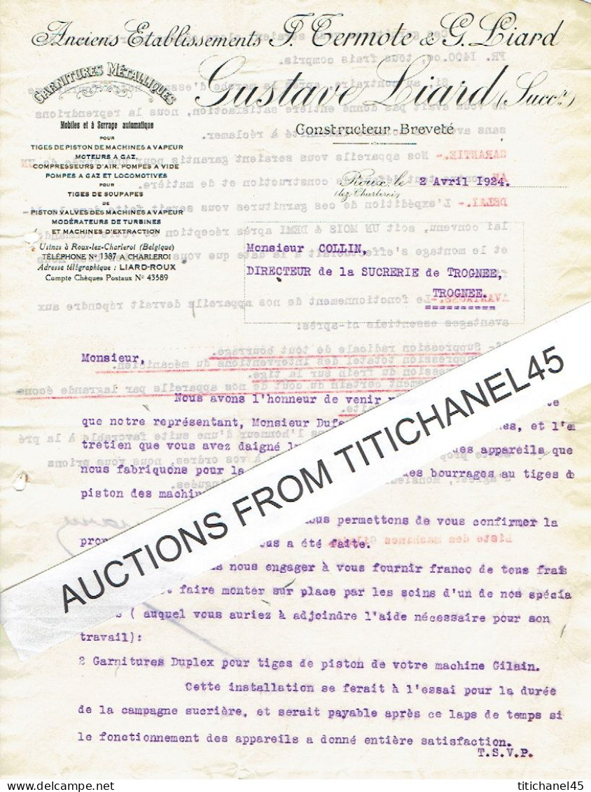 1924 ROUX - CHARLEROI - F. TERMOTE & G. LIARD - Gustave LIARD Succ. - Pompes à Gaz & Locomotives - Autres & Non Classés