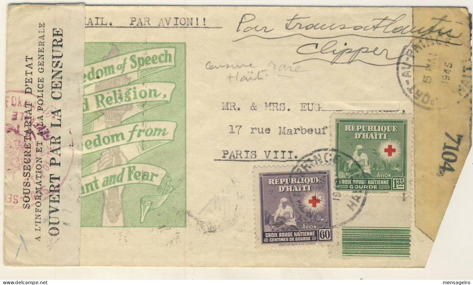 (C01) - HAITI - DOUBLE CENSORED AIR MAIL COVER PORT AU PRINCE => FRANCE 1945 - Haiti