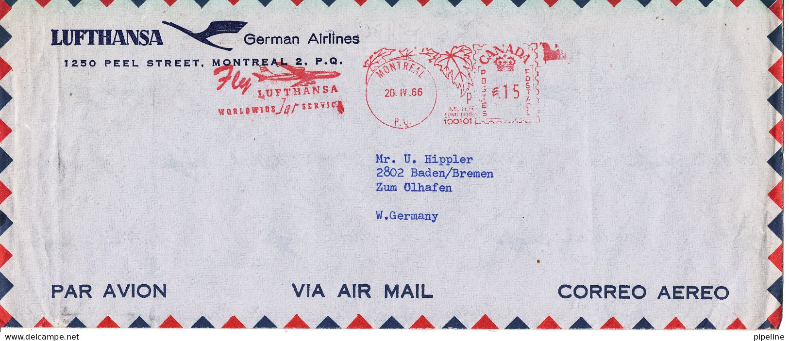 Canada Air Mail Cover With Red Meter Cancel Sent To Germany Montreal 20-4-1966 - Luchtpost