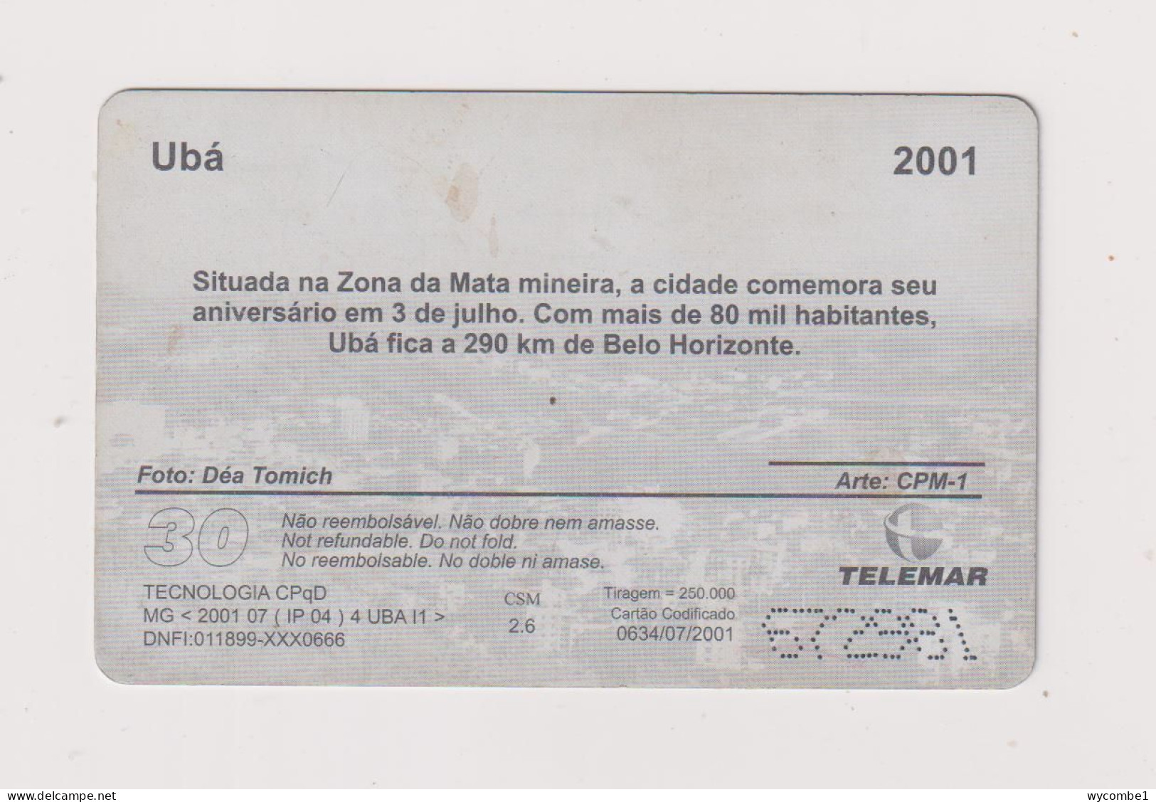 BRASIL - Uba  Inductive  Phonecard - Brésil