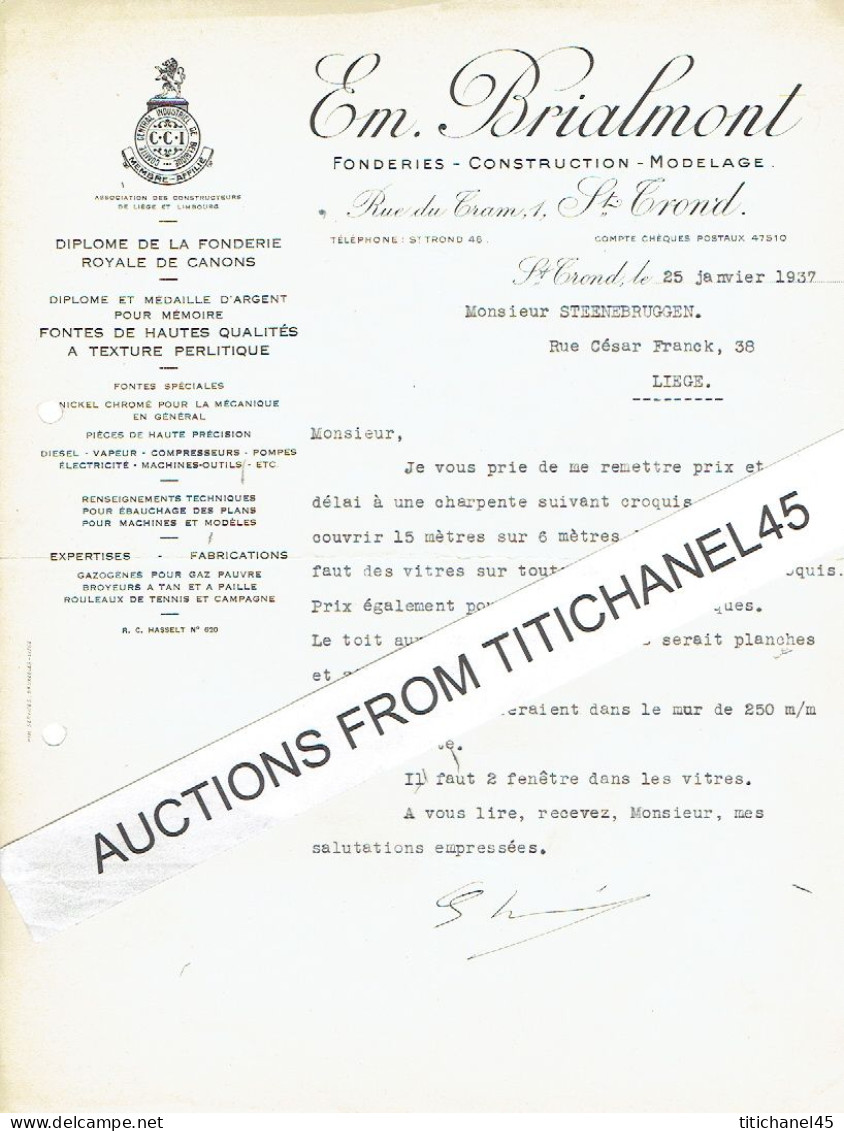 1937 SINT-TRUIDEN - Em. BRIALMONT - Fonderie Royale De Canons - Diesel, Vapeur, Compresseurs, Pompes... - Other & Unclassified