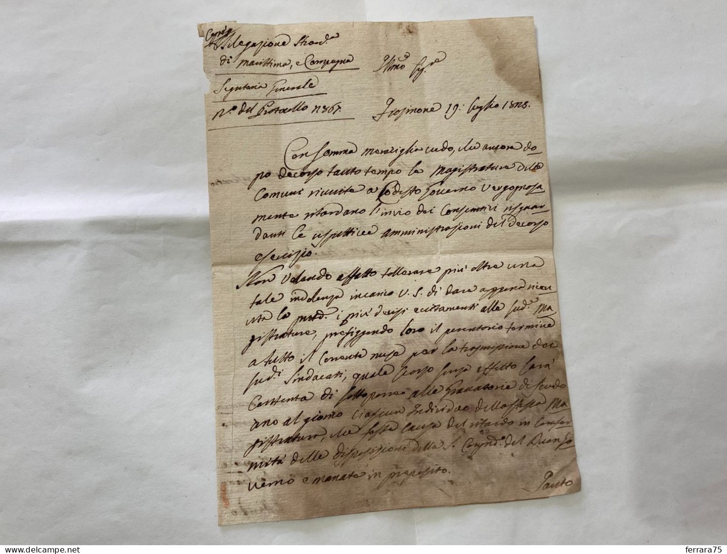 DOCUMENTO MANOSCRITTO LETTERA CONTEA GOVERNO DI CECCANO INIZIO 800. - Manuscrits