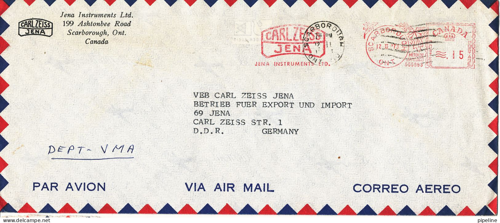 Canada Air Mail Cover With Red Meter Cancel Sent To Germany Scarborough Ont.12-2-1973 - Posta Aerea