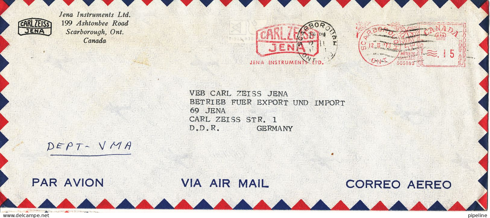 Canada Air Mail Cover With Red Meter Cancel Sent To Germany Scarborough Ont.12-2-1973 - Poste Aérienne