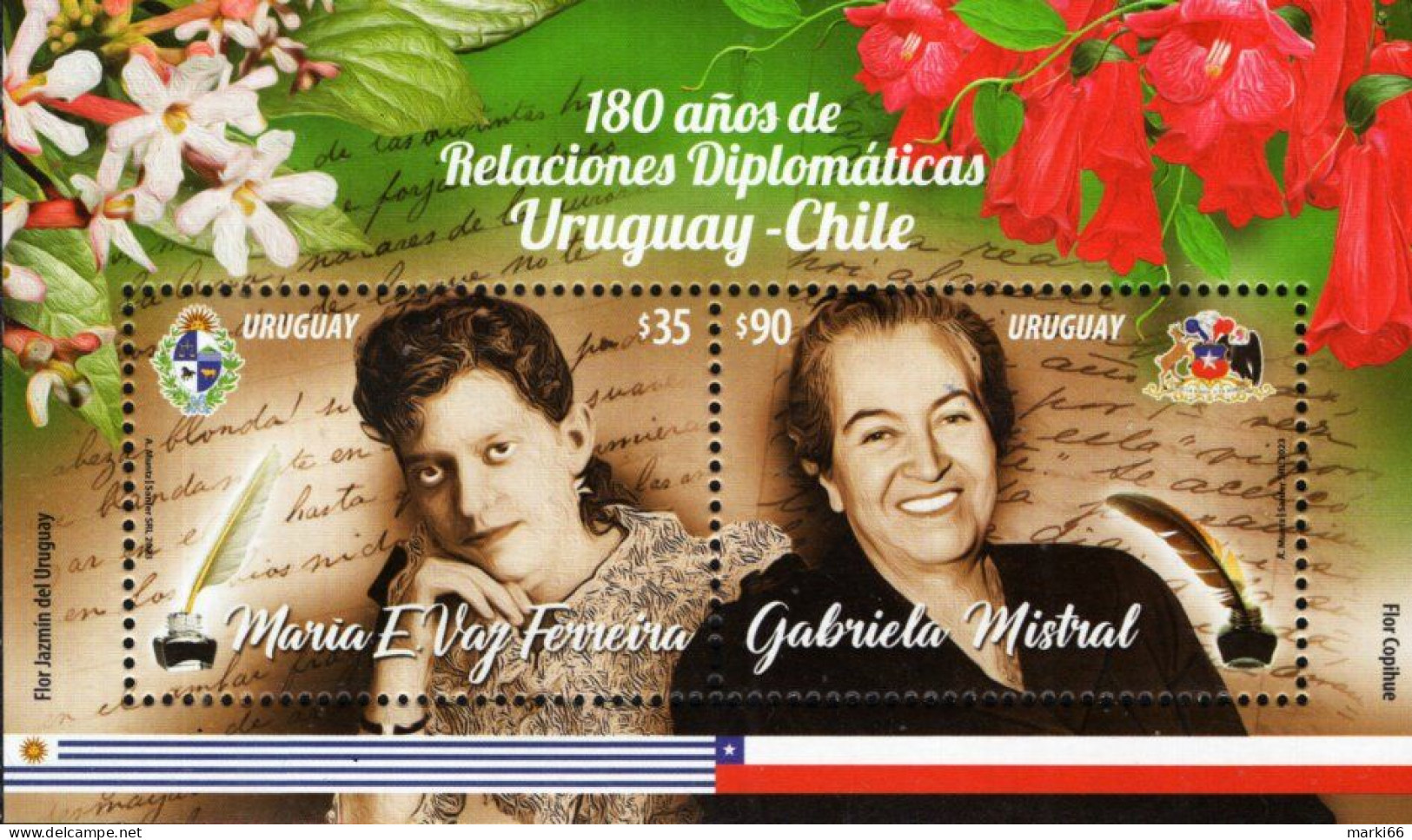 Uruguay - 2023 - Diplomatic Relations With Chile - 180th Anniversary - National Writers - Mint Souvenir Sheet - Uruguay