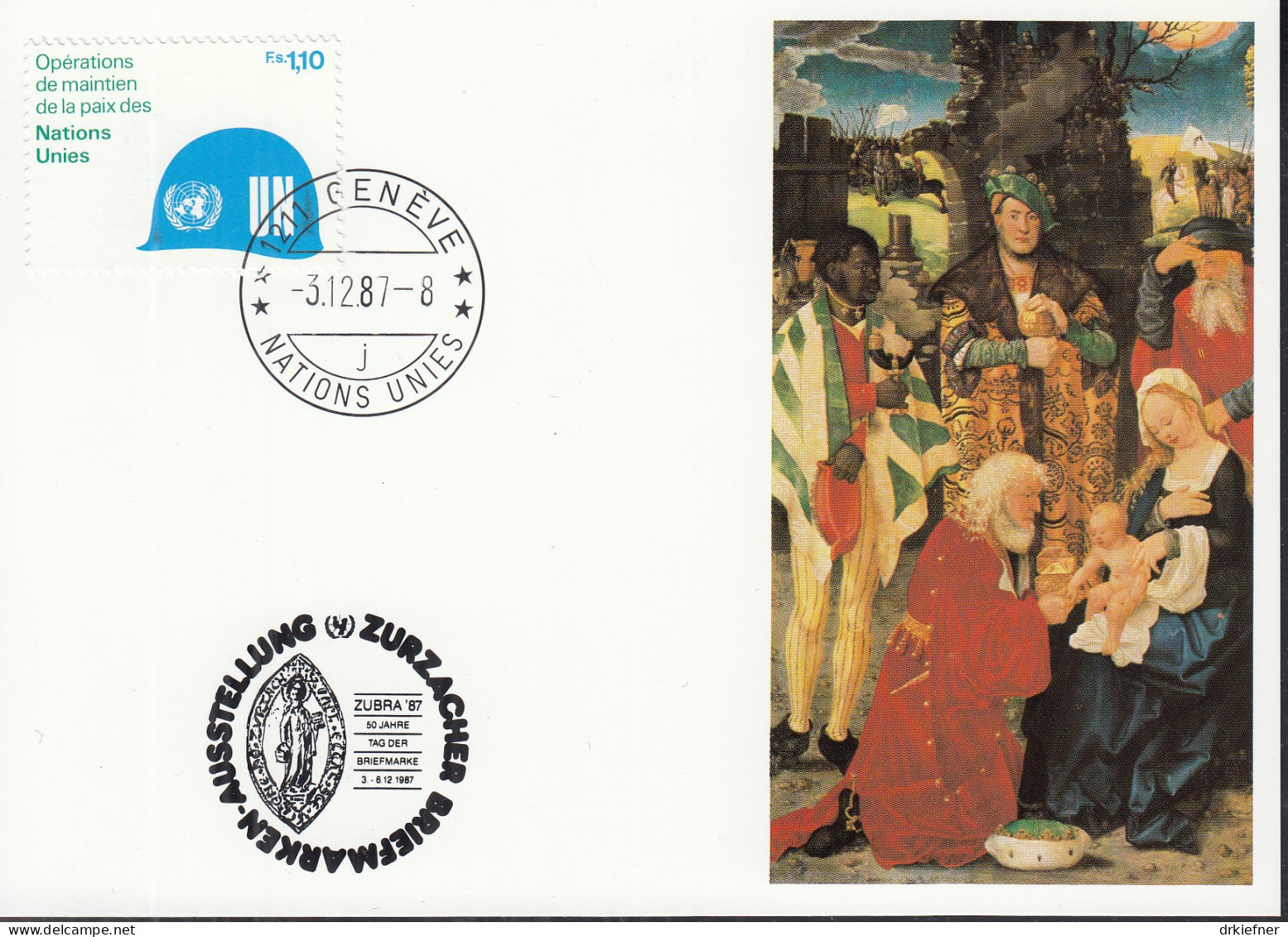 UNO NEW YORK  UNICEF-Kunstkarte, Anbetung Von Hans Baldung-Grien, Aussellungskarte ZUBRA Zurzach, St: 3.12.1987 - Cartas & Documentos