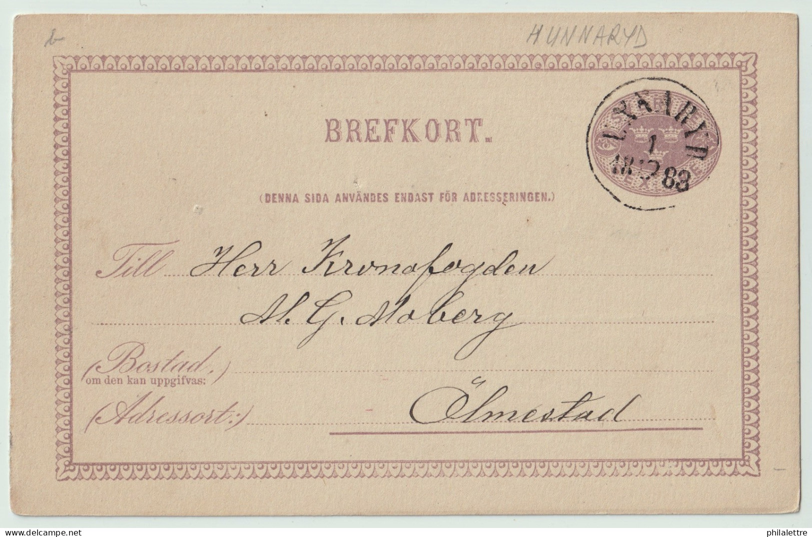 SUÈDE / SWEDEN - 1883 - "UNNARYD" CDS On 6ö Postal Card Mi.P7 Addressed To Älmestad - Covers & Documents