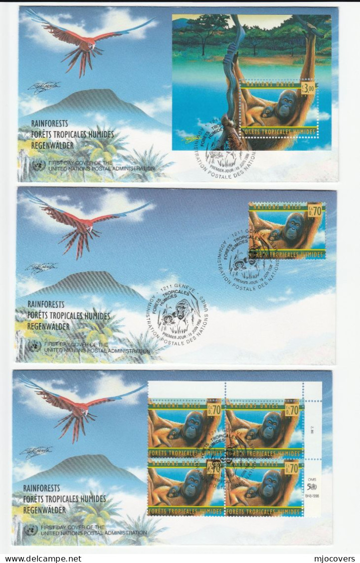 ORANGUTAN  3 FDCs Franked  Corner Block Of 4 Stamps, Miniature Sheet, & Singe Stamp Fdc United Nations Cover Monkey - Affen