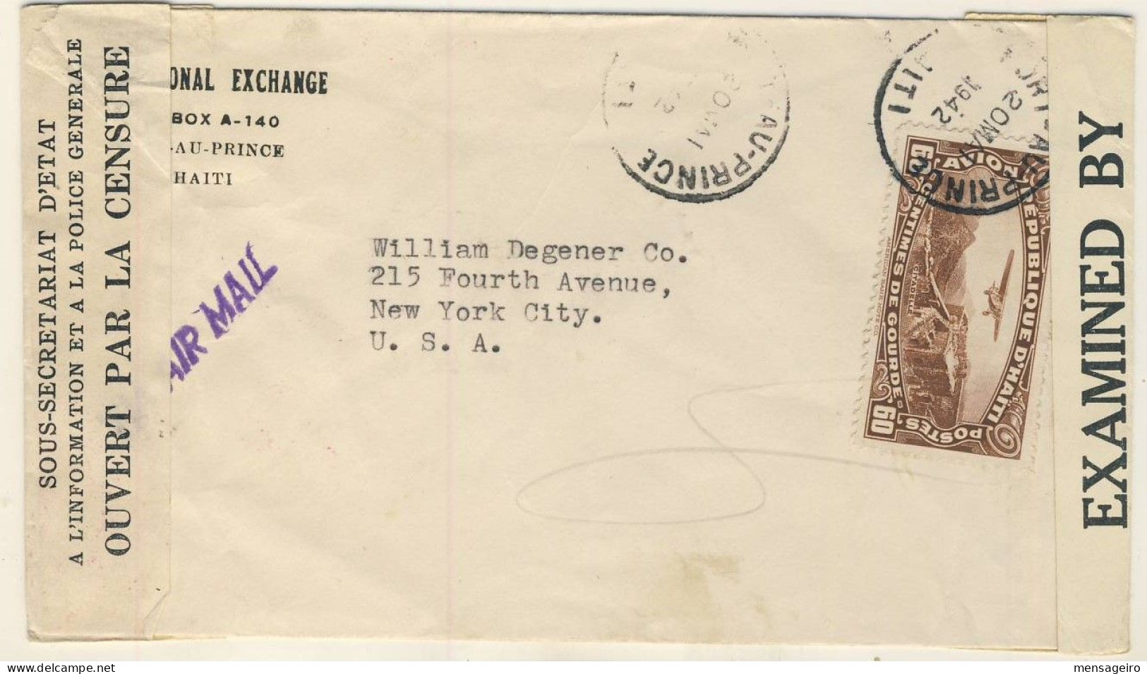 (C01) - HAITI - DOUBLE CENSORED AIR MAIL COVER PORT AU PRINCE => USA 1942 - Haiti