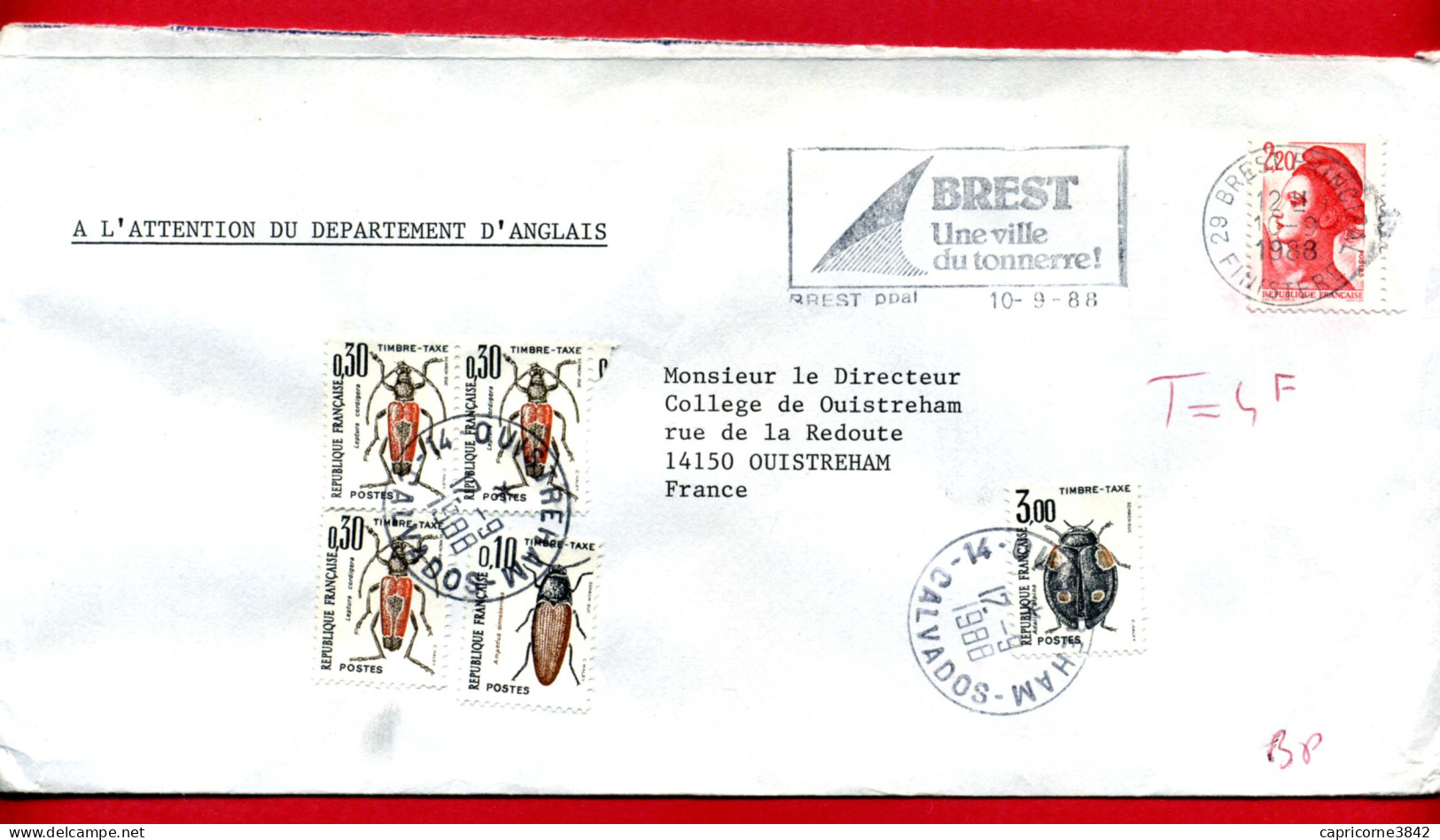 1988 - Lettre De Brest - Insuffisance D'affranchissement Taxe 4fr. Tp Insectes N° 103-109-111 - 1960-.... Lettres & Documents