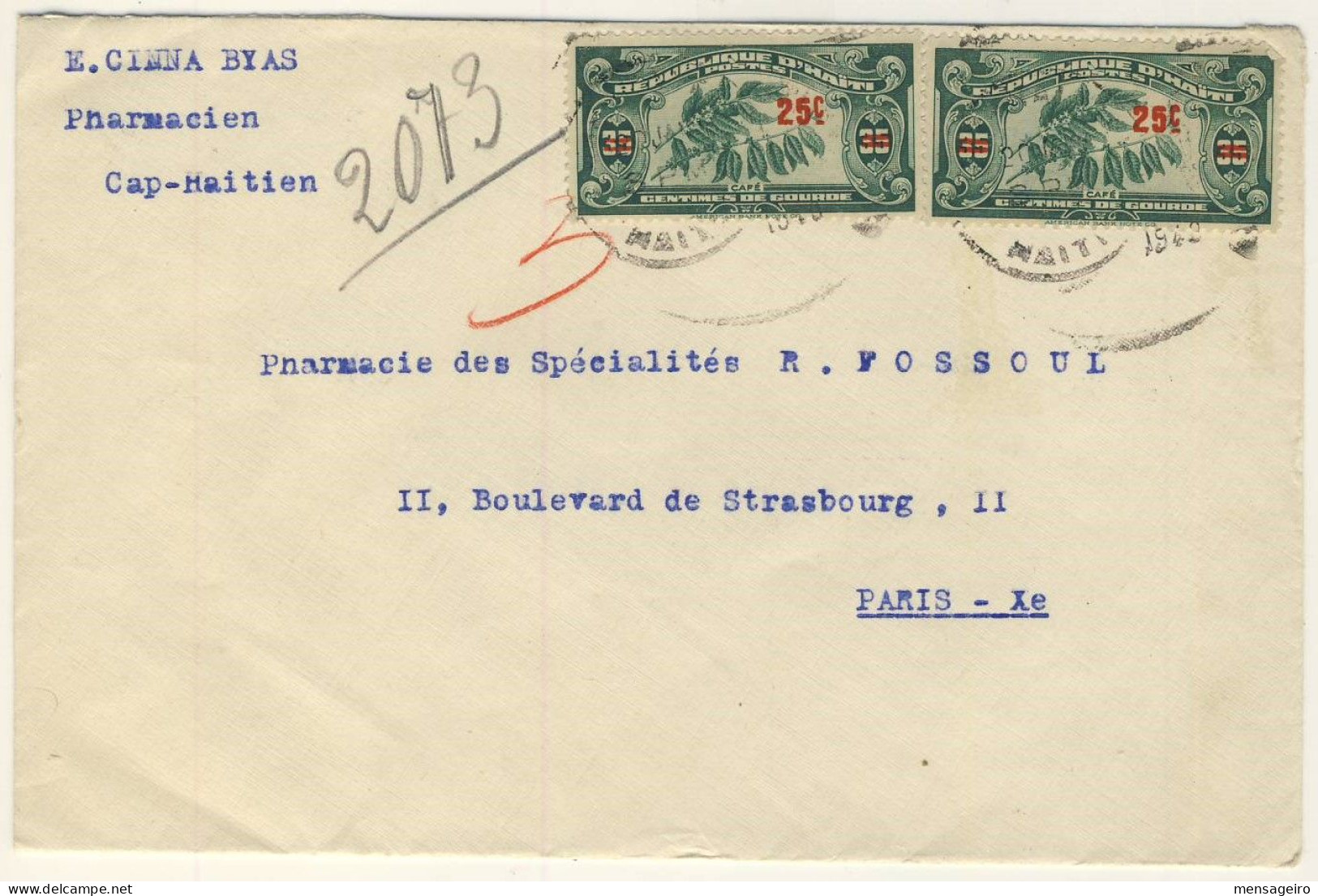 (C01) - HAITI -  COVER CAP HAITIEN => FRANCE 1940 - Haiti