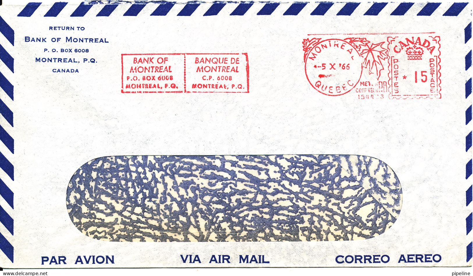 Canada Air Mail Bank Cover With Meter Cancel Bank Of Montreal 5-10-1966 - Posta Aerea