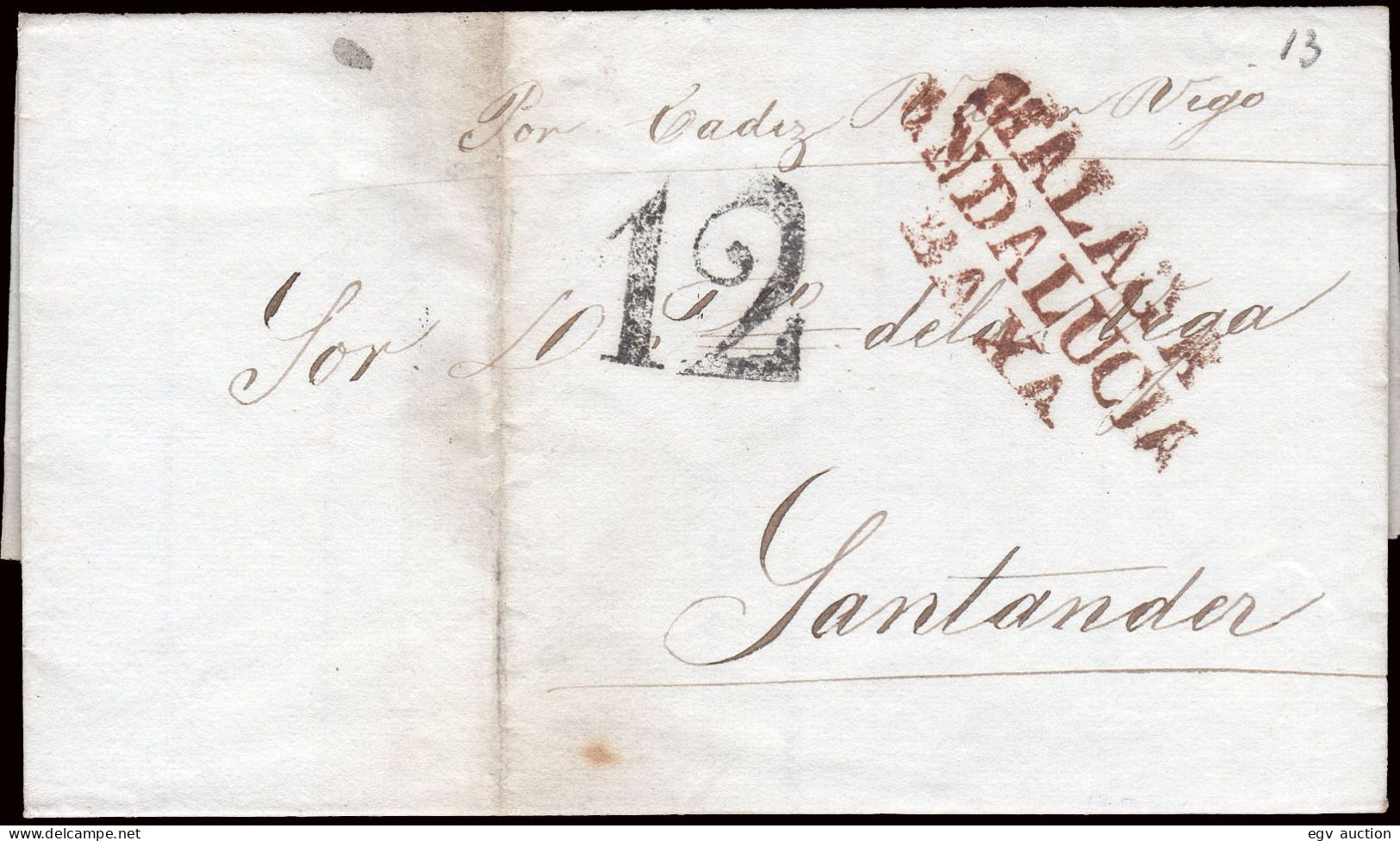 Málaga - Prefilatelia - Málaga PE 14 - 1839 - Carta A Santander Con Indicación Manuscrita "Por Cádiz - Vapor Vigo" - ...-1850 Prefilatelia