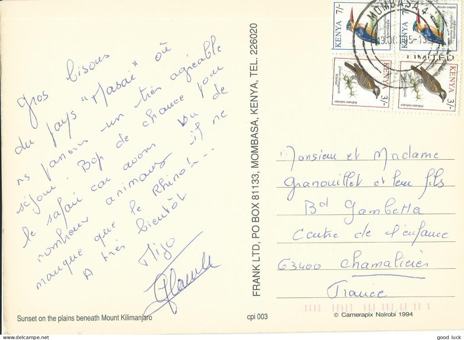 KENYA CARTE 20c MOMBASA POUR CHAMALIERES ( PUY DE DOME ) DE 1995  LETTRE COVER - Kenia (1963-...)