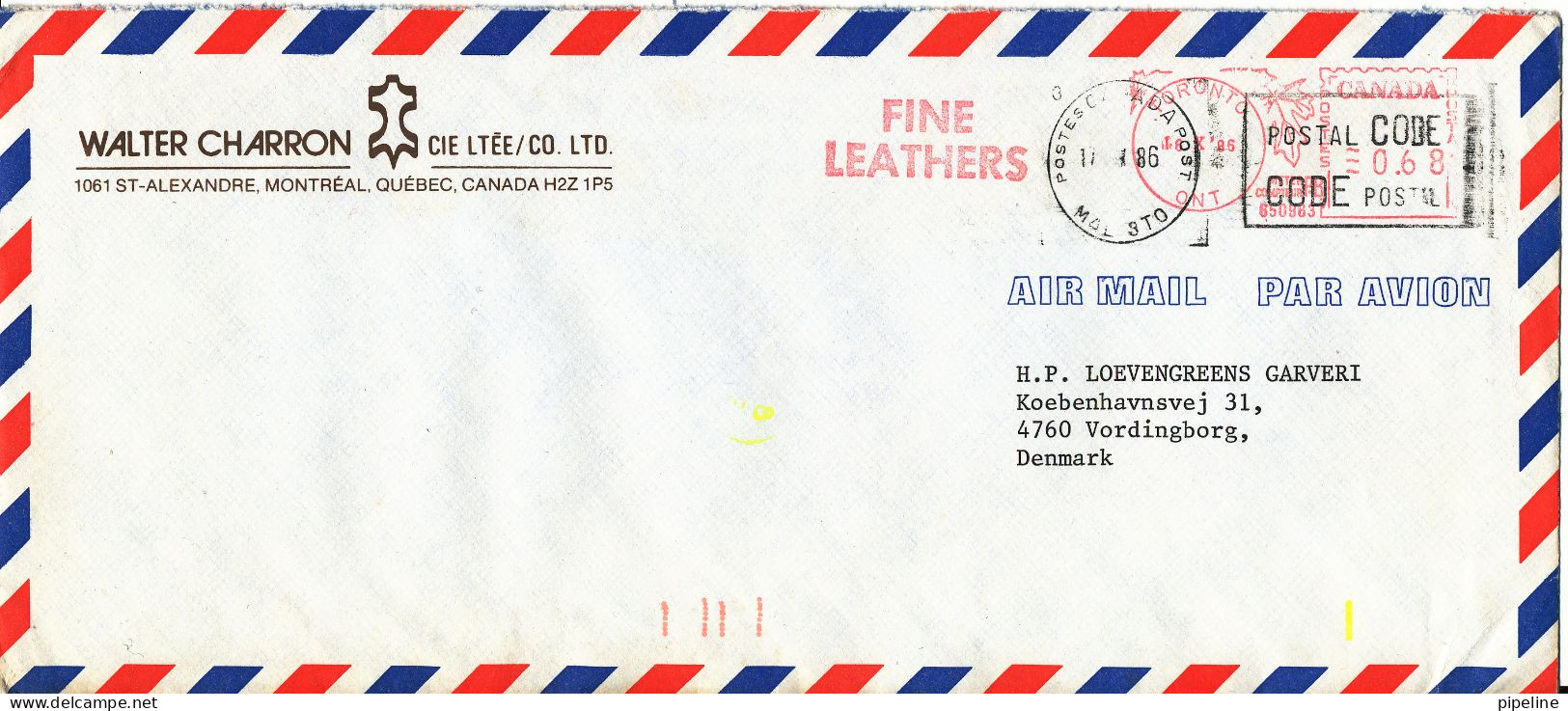 Canada Air Mail Cover With Meter Cancel Toronto 18-10-1986 (Fine Leathers) - Aéreo