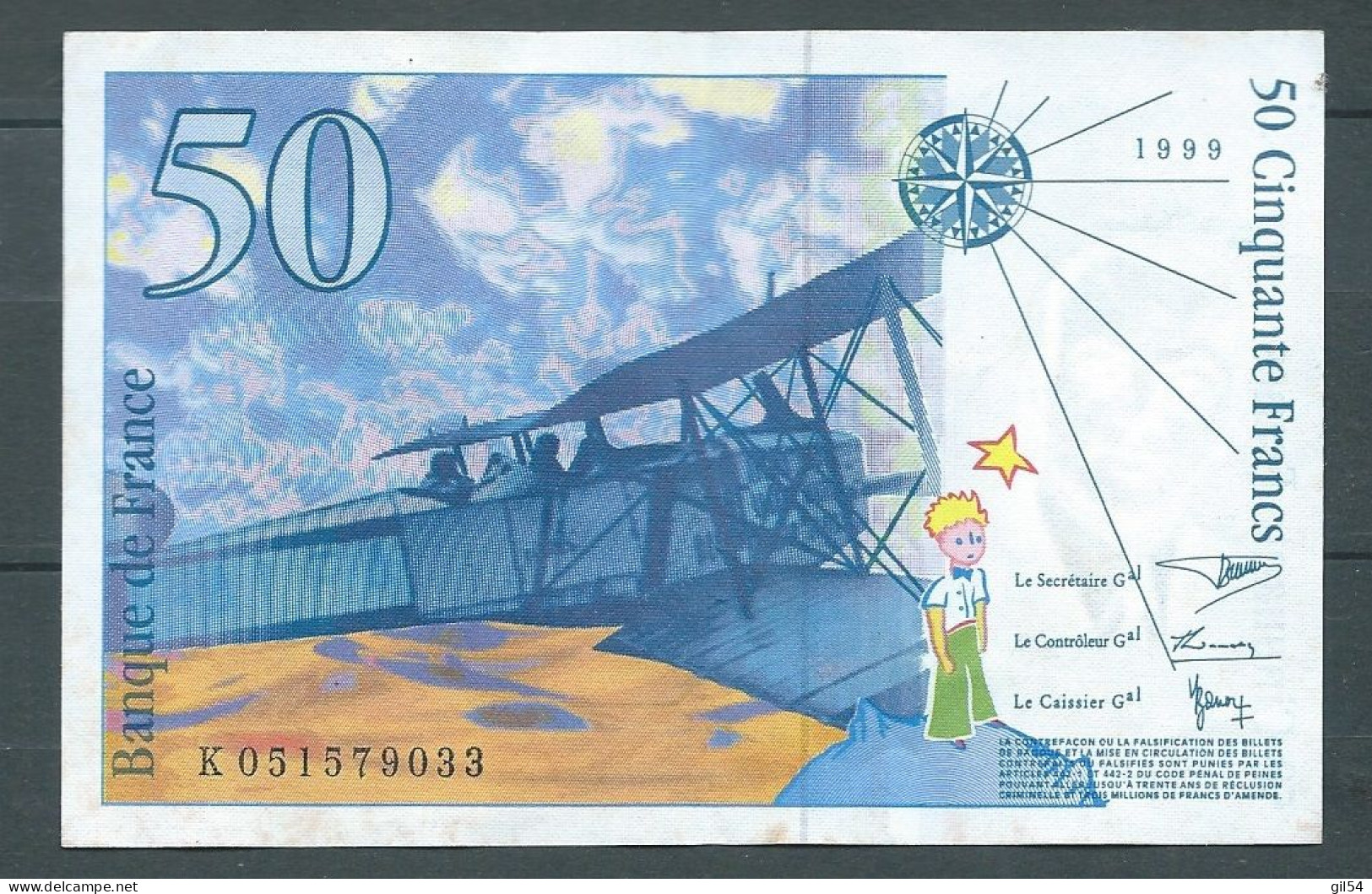 France - Billet De 50 F ST EXUPERY De 1999  - K051579033 -  Laura 6120 - 50 F 1992-1999 ''St Exupéry''