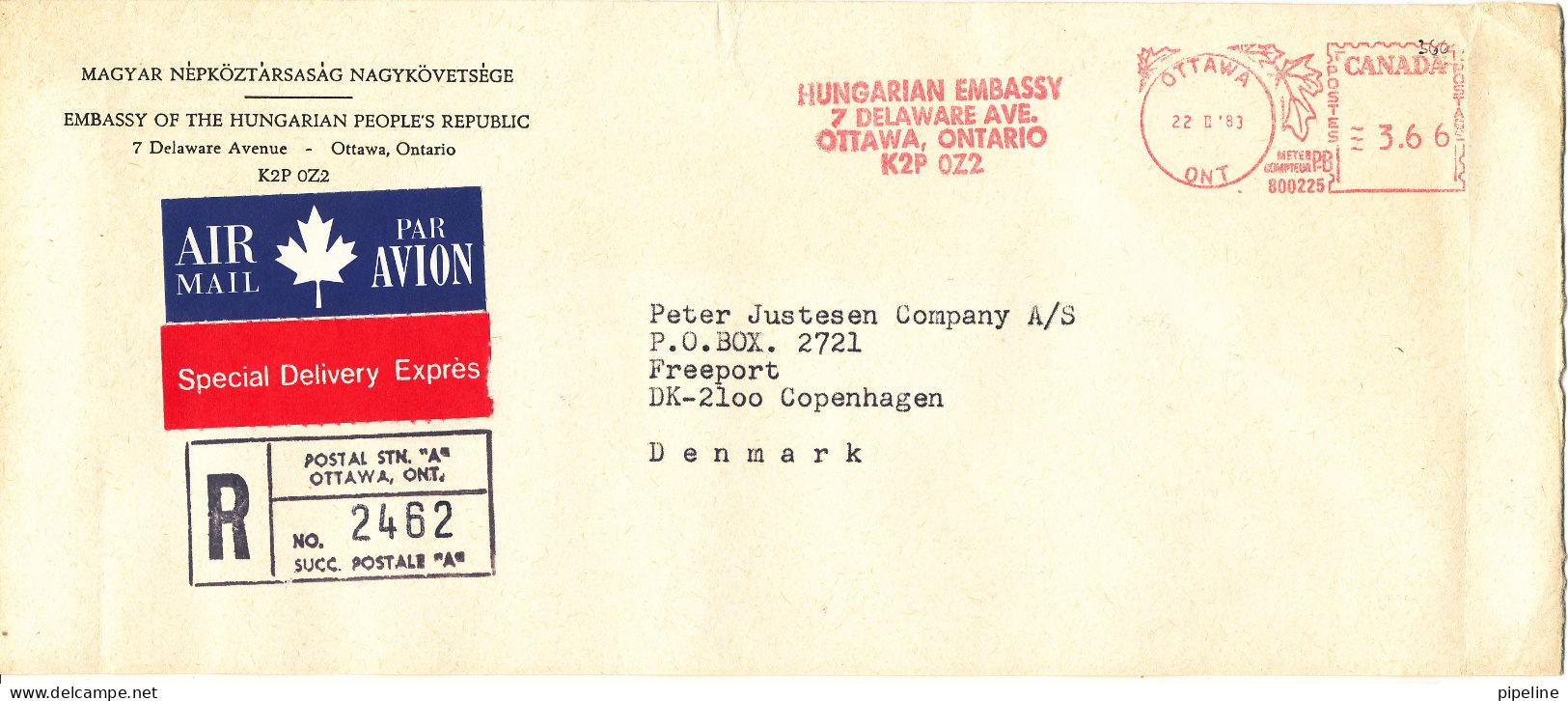 Canada Registered Cover With Red Meter Cancel Sent Air Mail To Denmark 22-2-1983 (sent From The Embassy Of Hungary Ottow - Brieven En Documenten