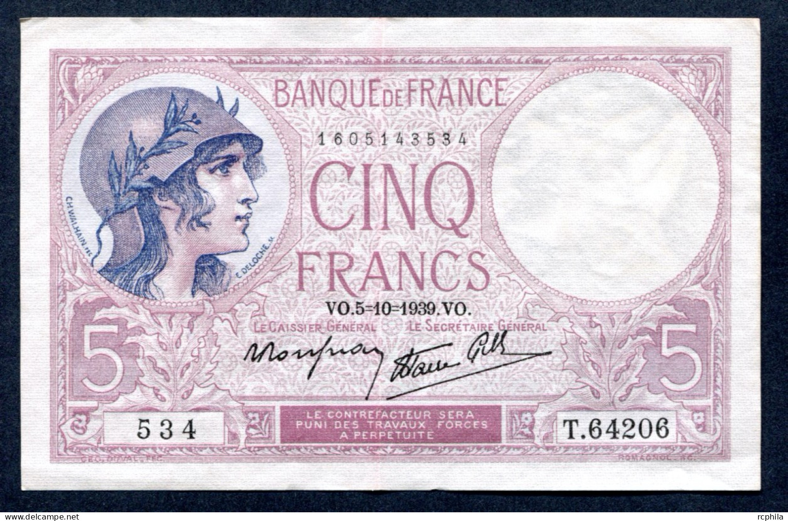 RC 27124 FRANCE 5F VIOLET ÉMIS LE 5.10.1939 - 5 F 1917-1940 ''Violet''