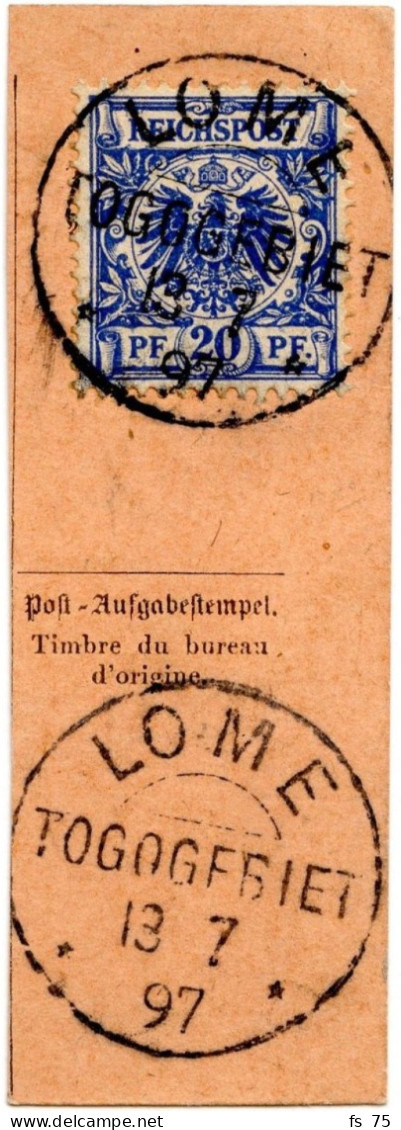 TOGO - ALLEMAGNE 20 PF SUR TALON DE MANDAT DE LOME, 1897 - Togo