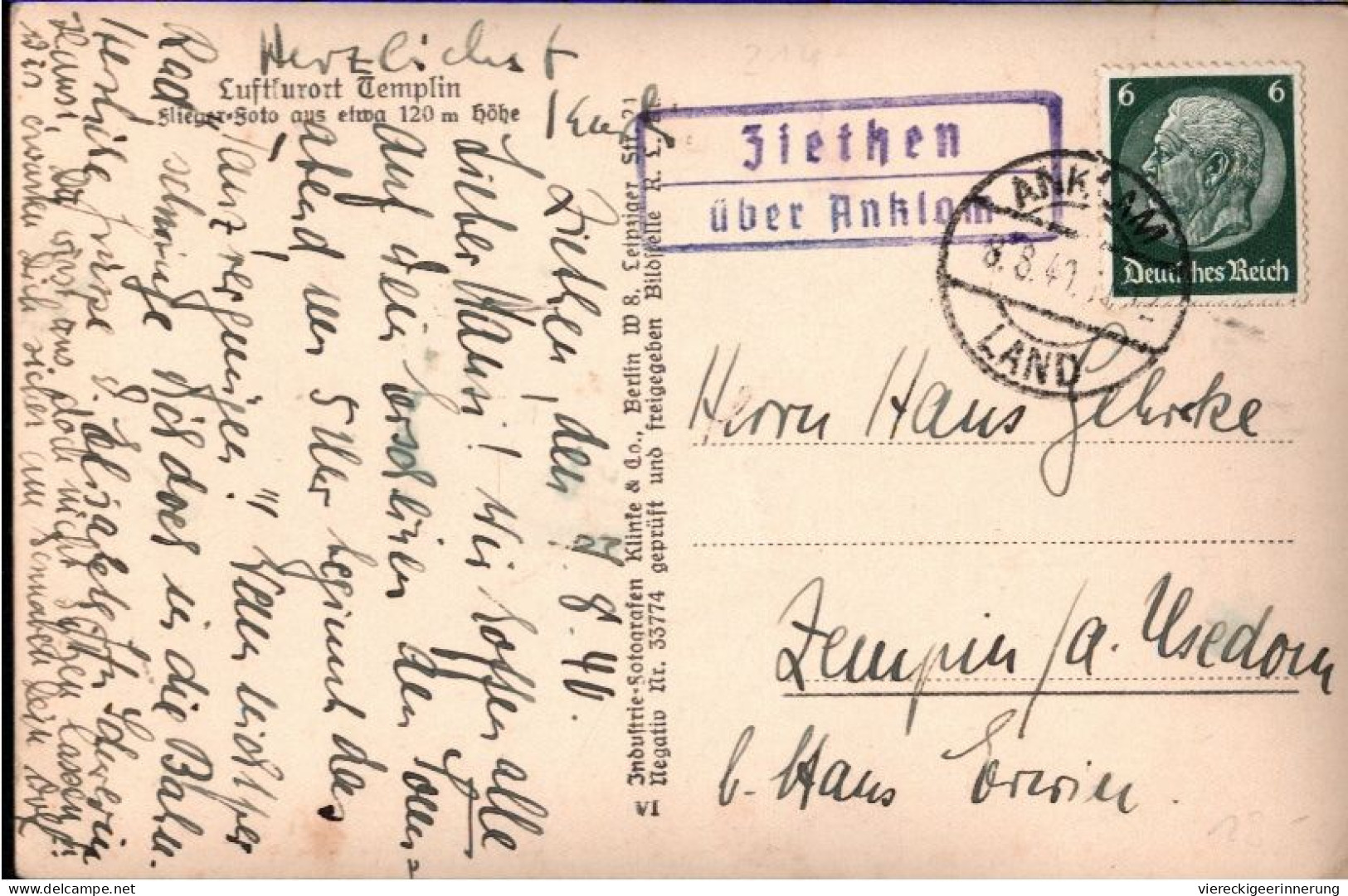 ! Alte Luftbild Ansichtskarte Aus Templin, 1940, Landpoststempel Ziethen über Anklam, Verlag Klinke & Co. - Templin