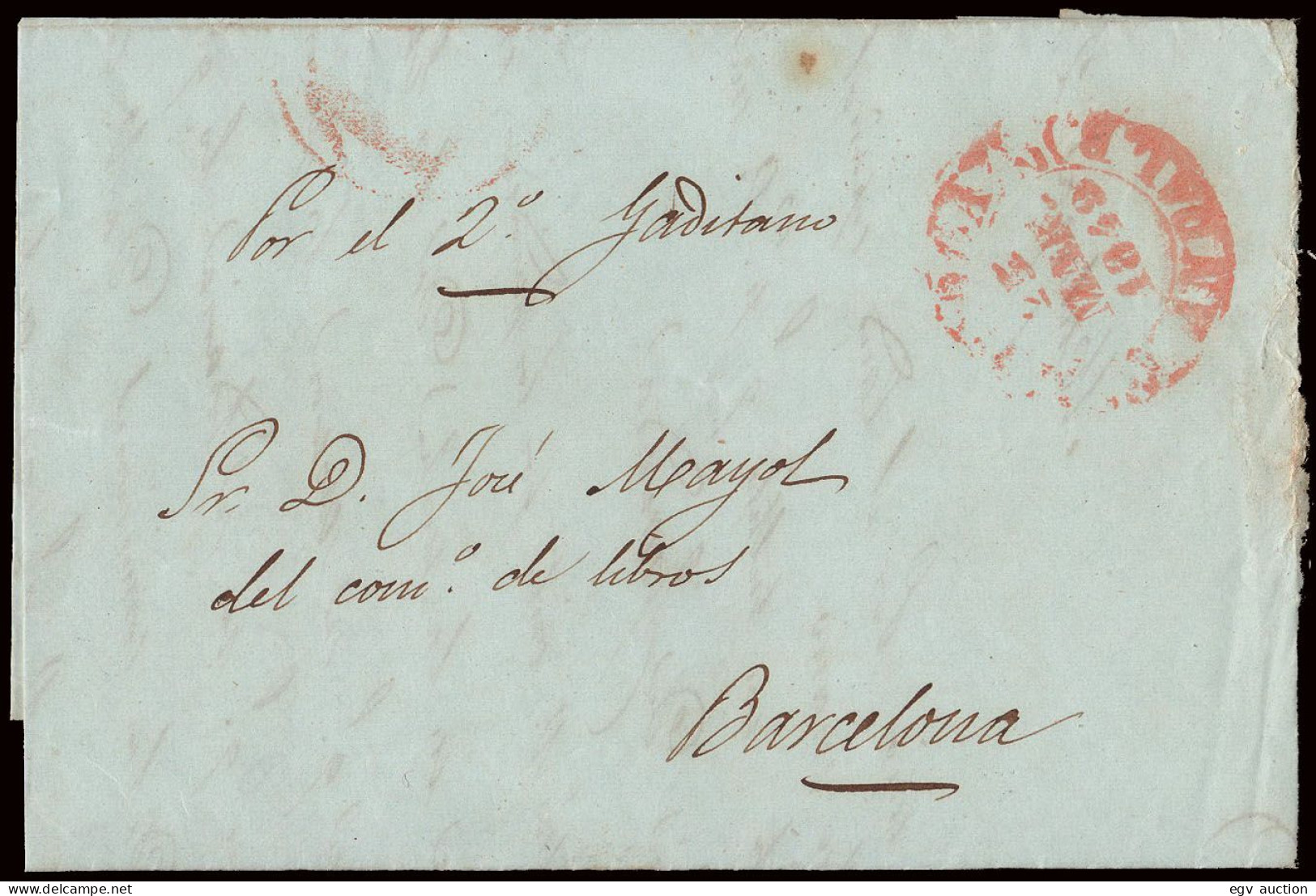 Málaga - Prefilatelia - 1849 - Carta A Barcelona + Manuscrito "Por El 2º Gaditano" + Baeza - ...-1850 Prefilatelia