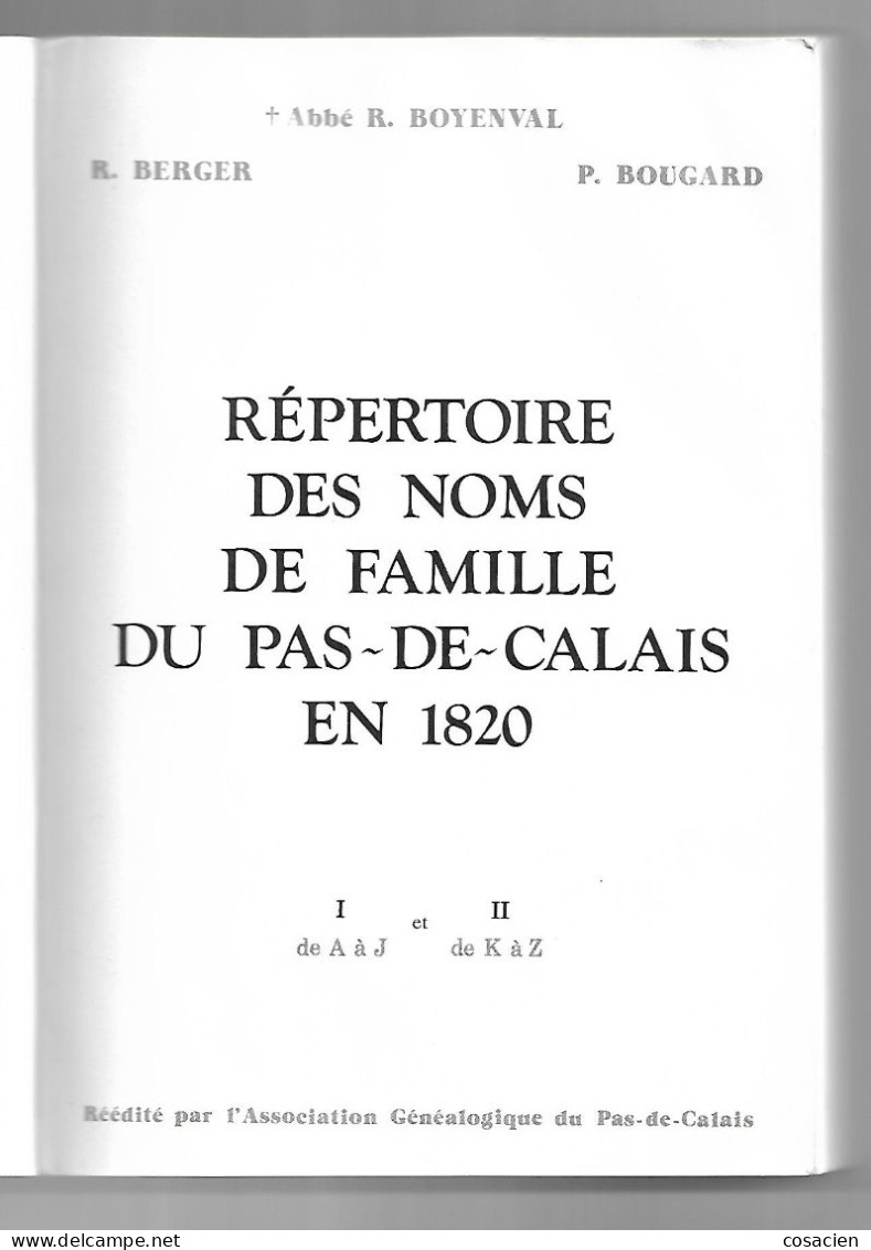 Répertoire Des Noms De Famille Pas-de-Calais En 1820 Boyenval, Bougard, Berger, Onomastique Généalogie - Dictionnaires