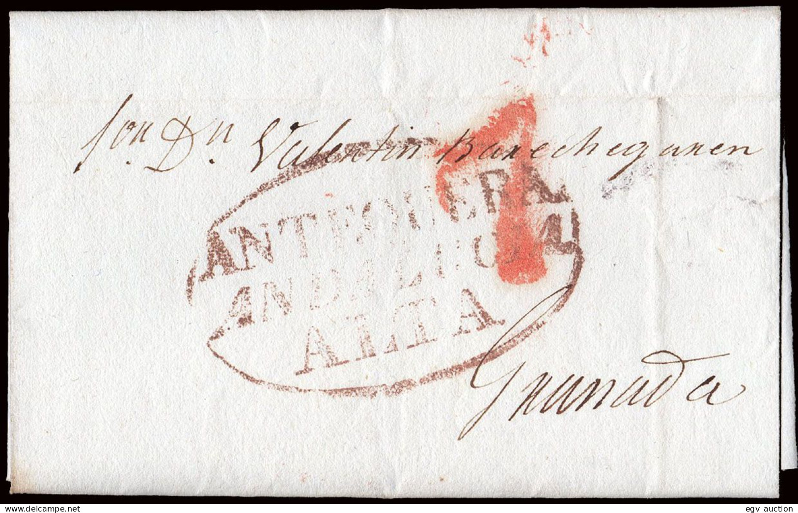 Málaga - Prefilatelia - Antequera PE 4 - 1841 - Carta A Granada + Porteo "7" - ...-1850 Prefilatelia