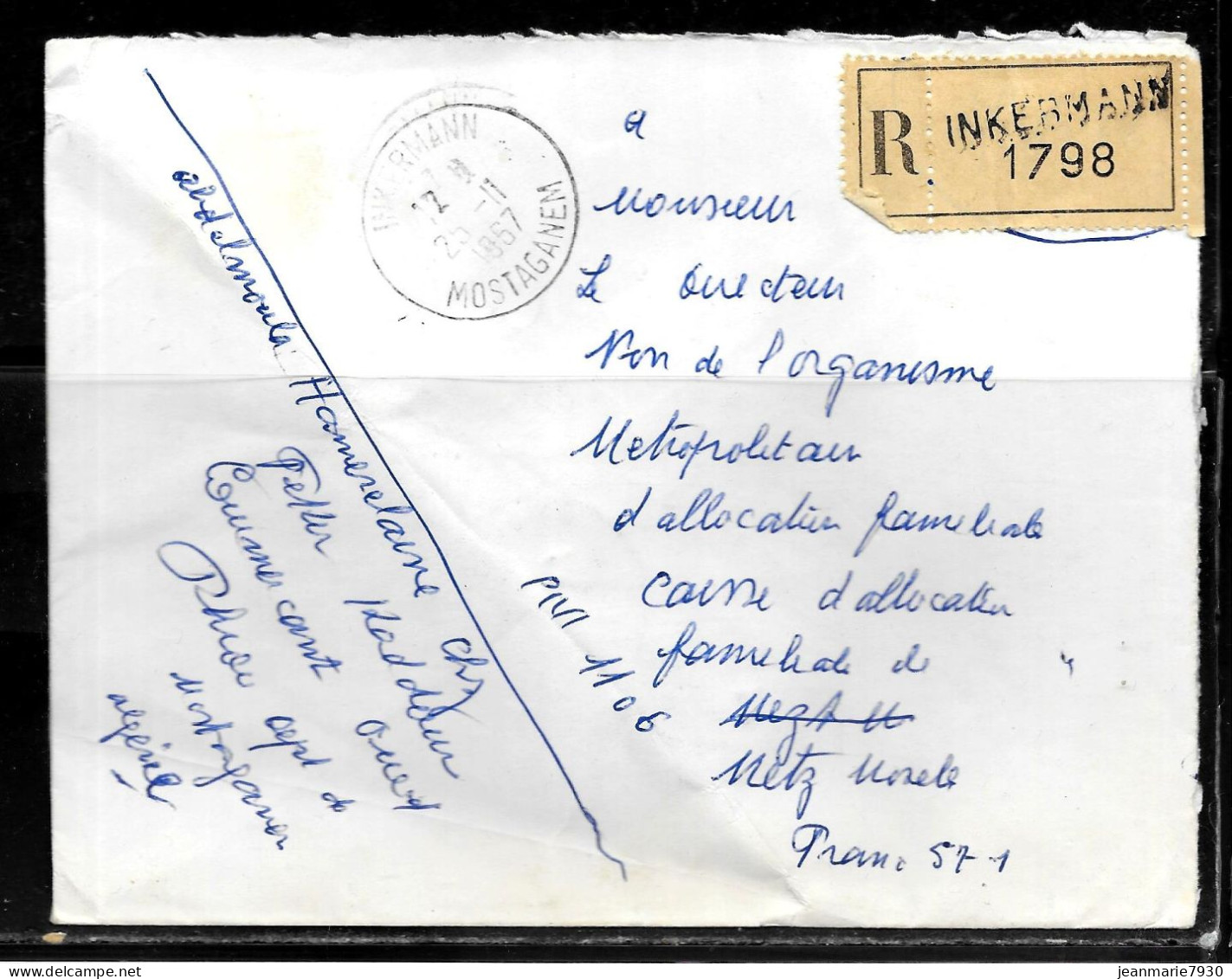 CC278 - ALGERIE - LETTRE RECOMMANDEE DE INKERMANN MOSTAGANEM DE 1967 POUR METZ - Algeria (1962-...)