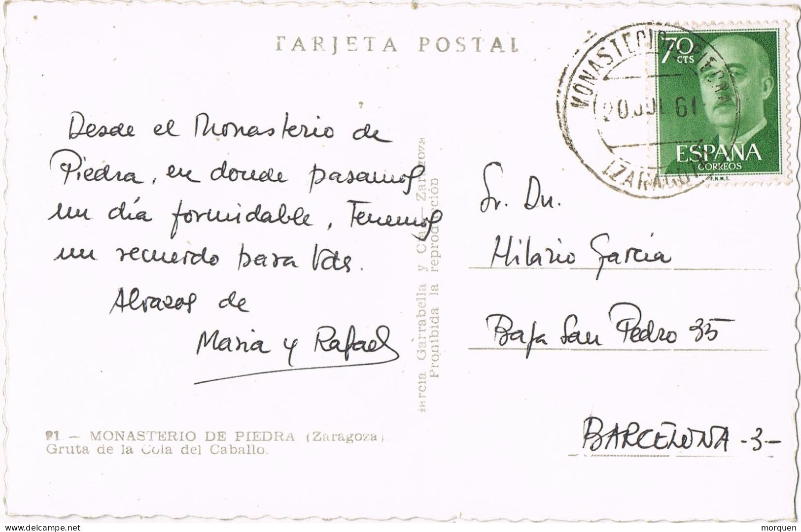 54352. Postal MONASTERIO De PIEDRA (Zaragoza) 1961. Gruta De La Cola De Caballo - Briefe U. Dokumente
