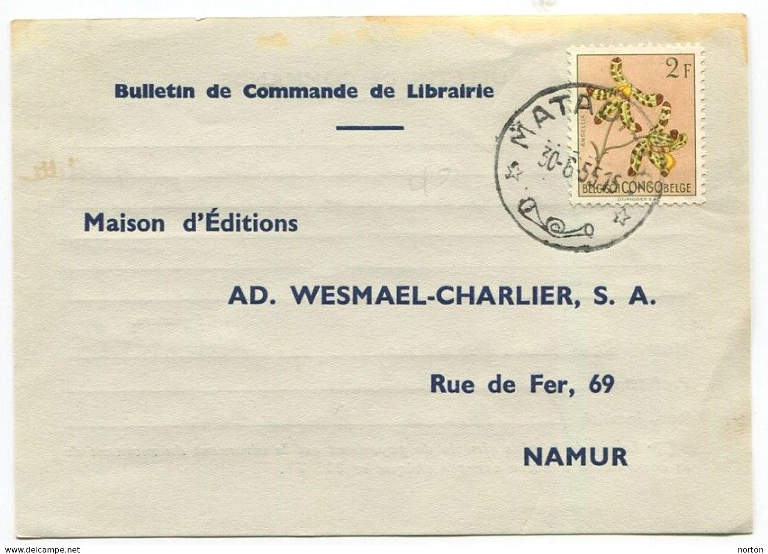 Congo Matadi 1 Oblit. Keach 10(.G.) Sur C.O.B. 313 Sur Carte Commerciale Vers Namur Le 30/06/1955 - Lettres & Documents