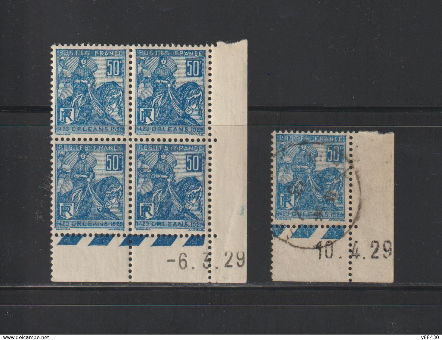 257 De 1929 - Coin Daté - 1 Bloc De 4 Timbres + 1 Timbre = 5 Timbres Neufs ** / ø - JEANNE D'ARC . 50c. Bleu  - 2 Scan - ....-1929