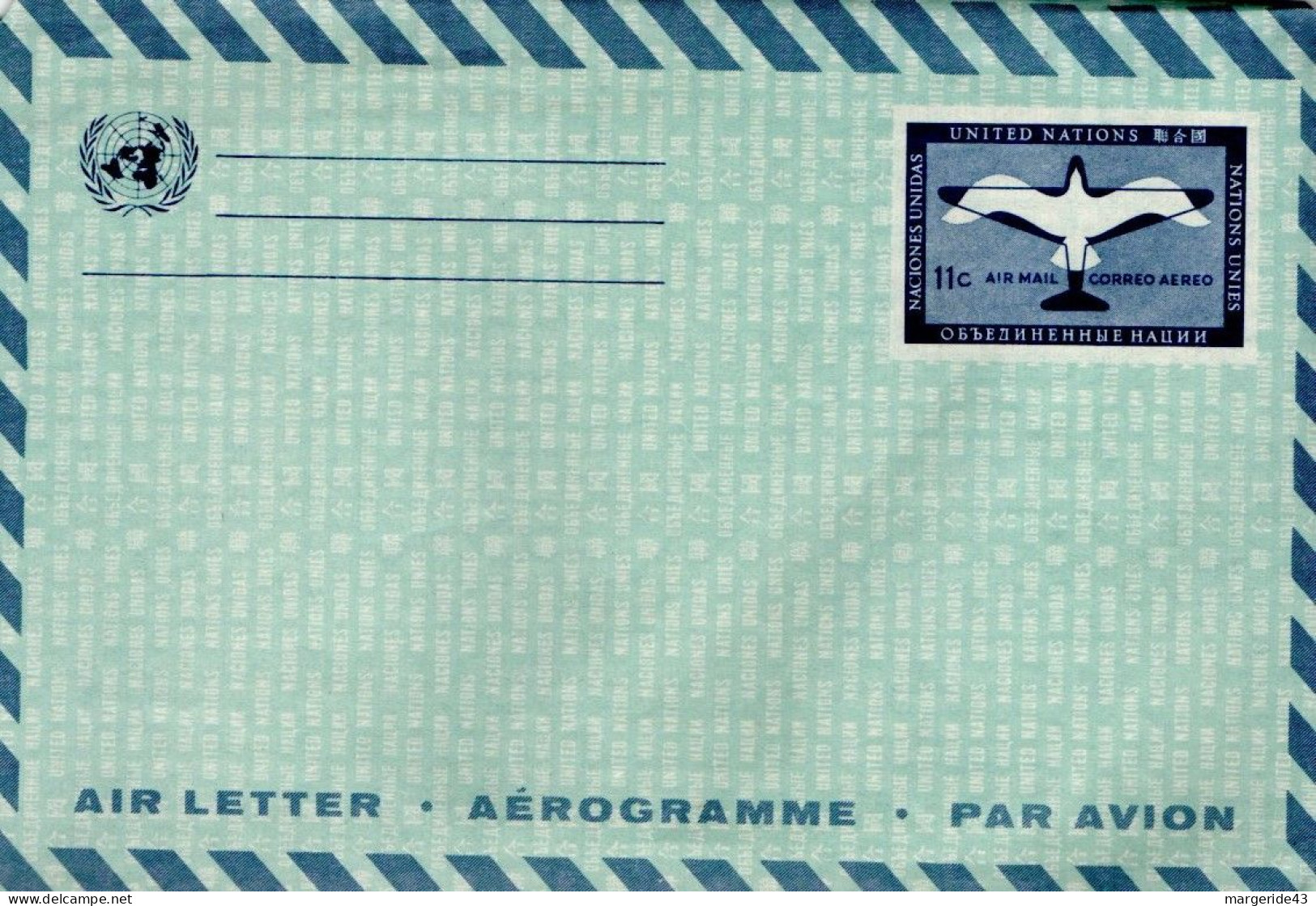 NATIONS UNIES AEROGRAMME 11 CENTS - Poste Aérienne