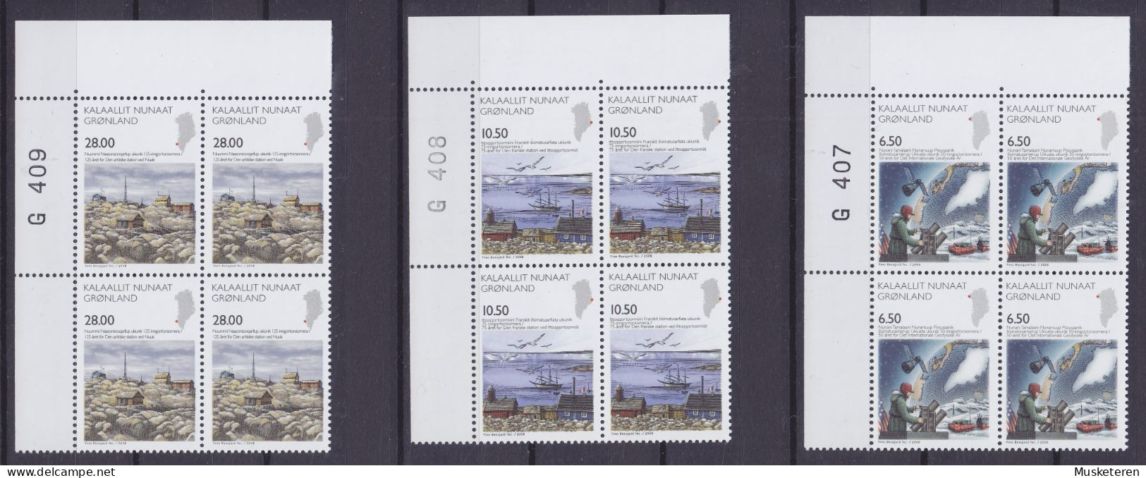 Greenland 2008 Mi. 516-18 Wissenschaft (IV) 4-Block W. Top Corner Margin 'G407-09' Complete Set, MNH** - Gebruikt