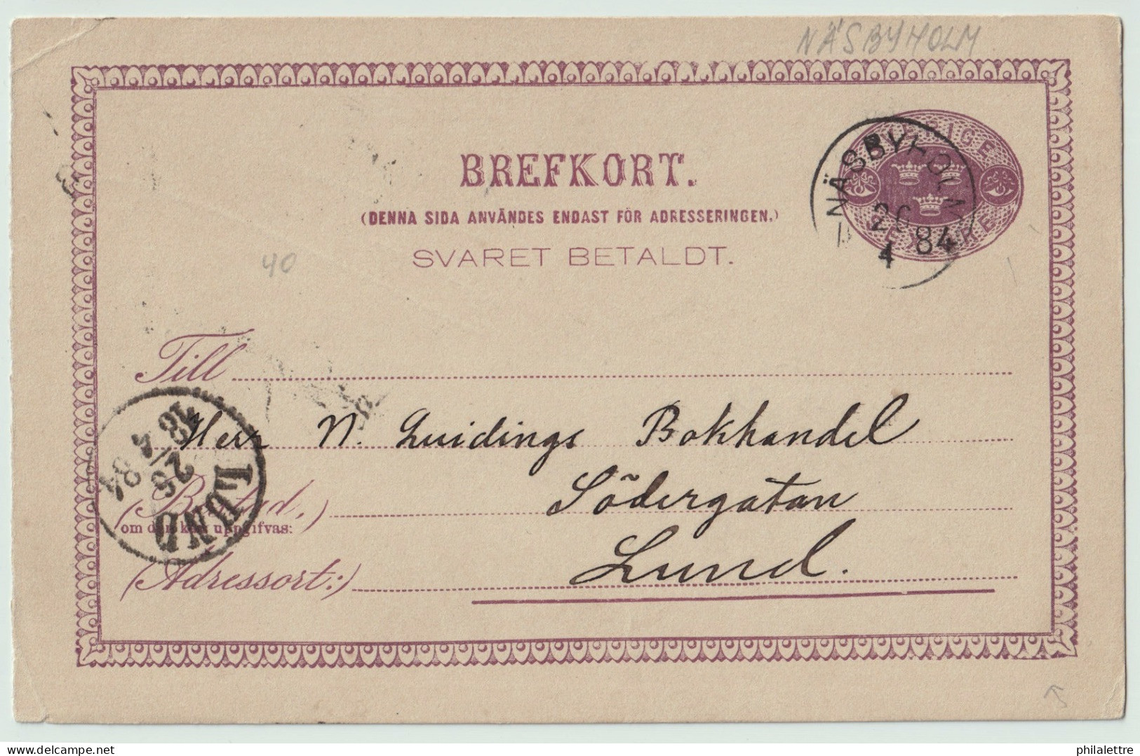 SUÈDE / SWEDEN - 1884 - "NÄSBYHOLM" CDS On 6ö Postal Card Mi.P9F Addressed To Lund - Briefe U. Dokumente