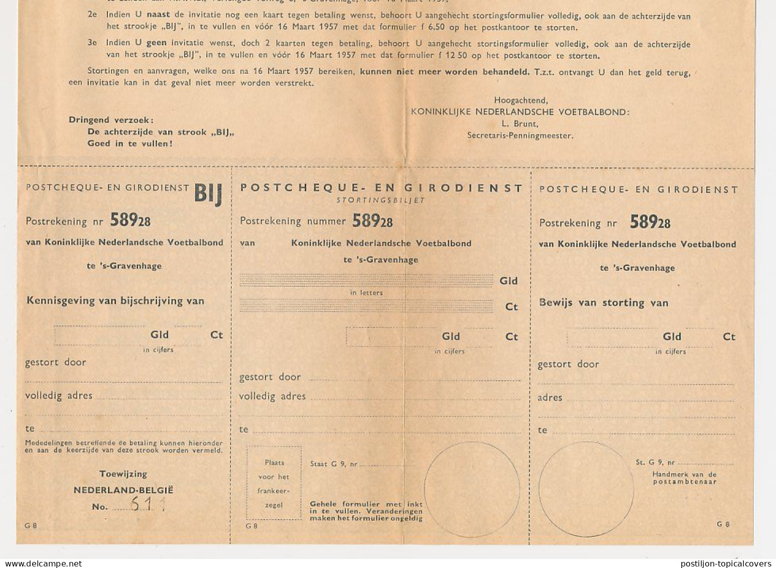 Meter Cover Netherlands - Football European Cup Netherlands - Belgium 1957 - Ticket Order Form - KNVB - Fußball-Europameisterschaft (UEFA)