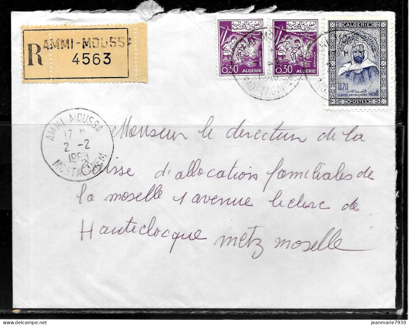 CC274 - ALGERIE - LETTRE RECOMMANDEE DE AMMI MOUSSA NOSTAGANEM DE 1968 POUR METZ - Algeria (1962-...)