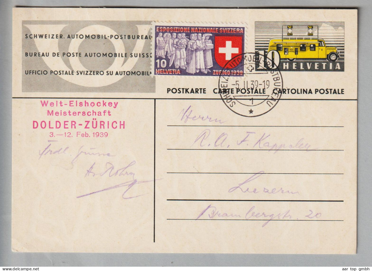 Motiv Eishockey Weltmeisterschaft Dolder Zürich 1939-02-05 Ganzsache Mit Sonderstempel - Jockey (sobre Hielo)