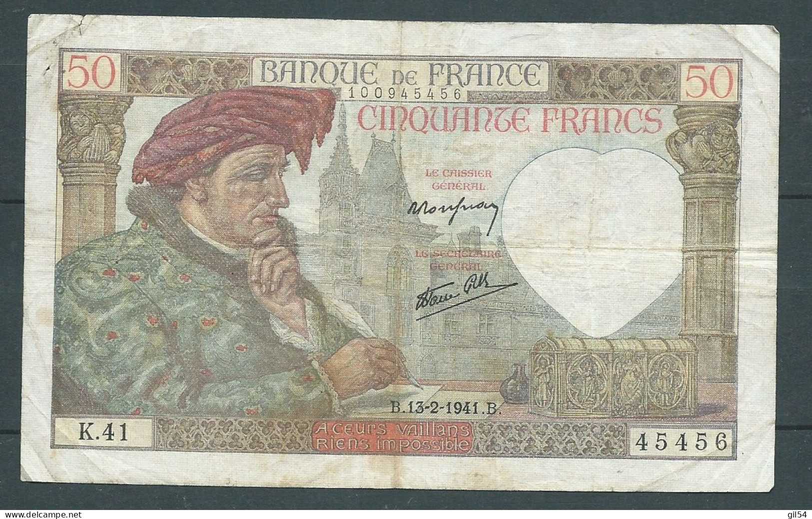 BILLET 50 FRANCS JACQUES COEUR - B.13-2-1941.B - K.41 45456 Laura 6124 - 50 F 1940-1942 ''Jacques Coeur''