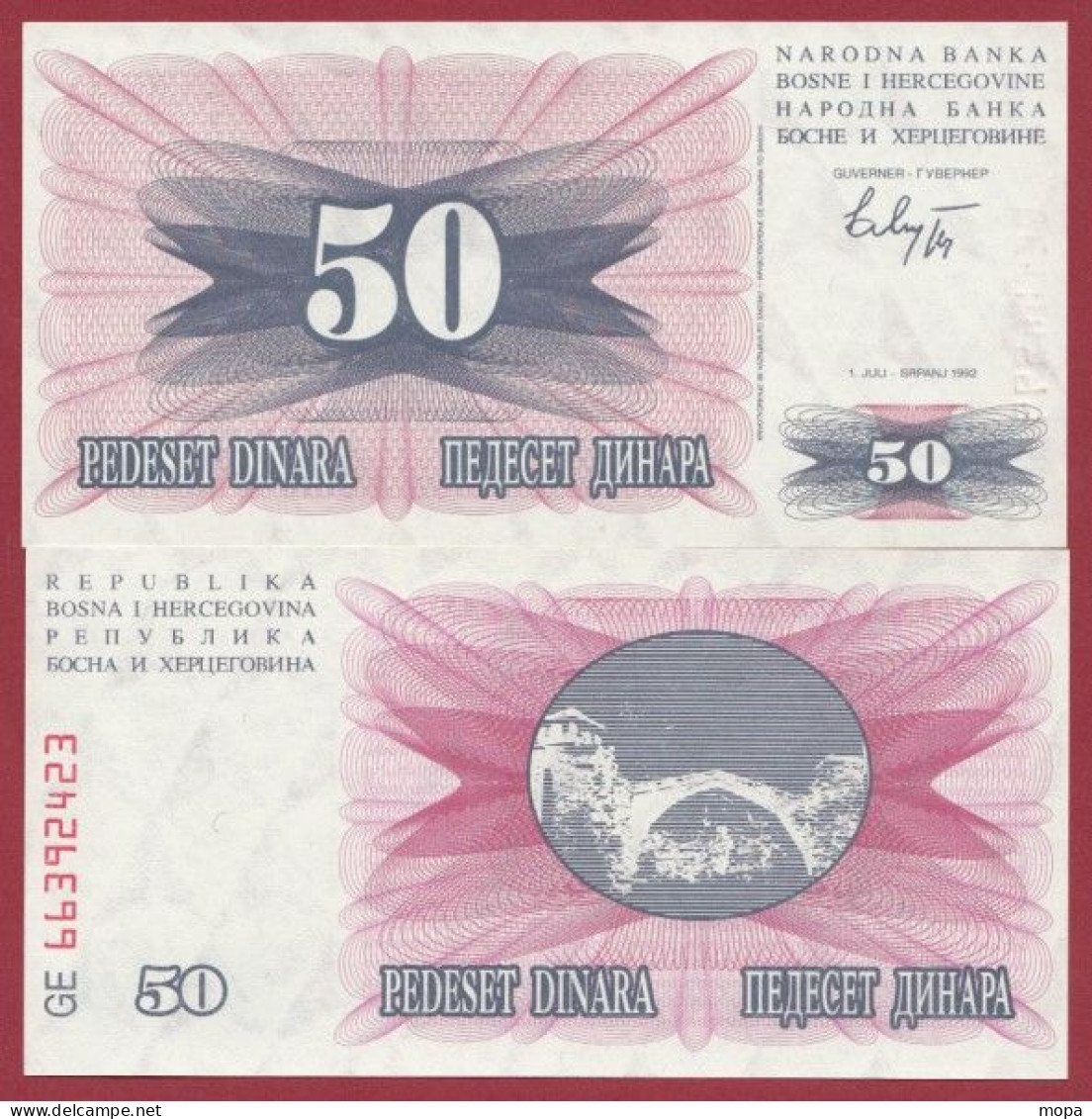 Bosnie-Herzegovine-- 50 Dinara --1992    ---UNC --(368) - Bosnia Erzegovina