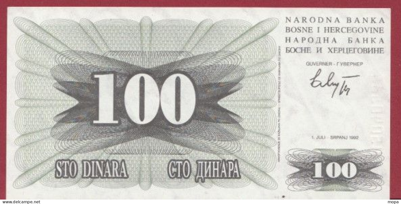 Bosnie-Herzegovine-- 100 Dinara --1992    ---UNC --(369) - Bosnie-Herzegovine