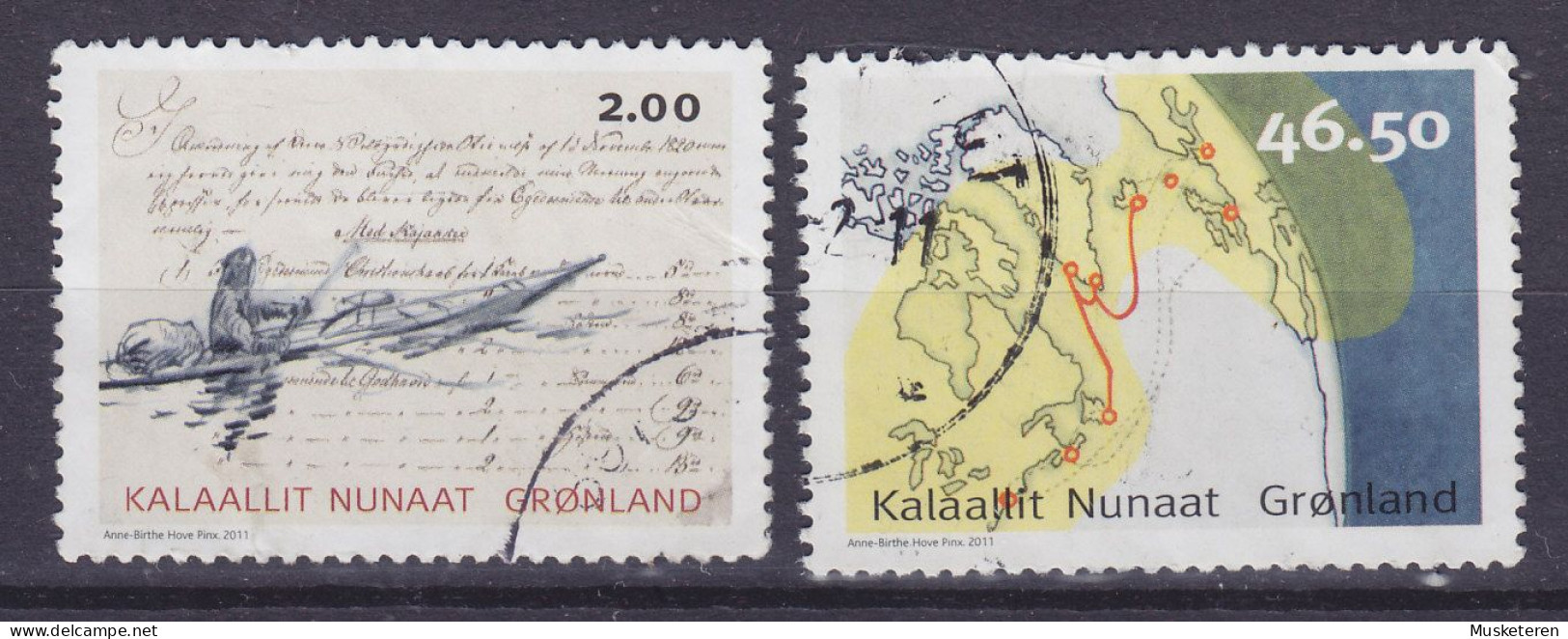 Greenland 2011 Mi. 575 A, 577A, 2.00 & 46.50 Kr. Kommunikation In Grönland Kajakpost & Map Karte Mit Kabelverlauf - Gebruikt