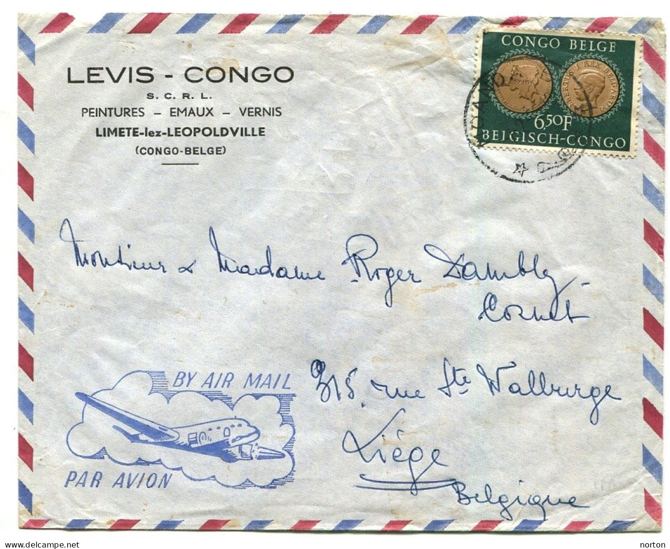Congo Moanda Oblit. Keach 10(B) Sur C.O.B. 328 Sur Lettre Vers Liège Le 07/02/1955 - Lettres & Documents