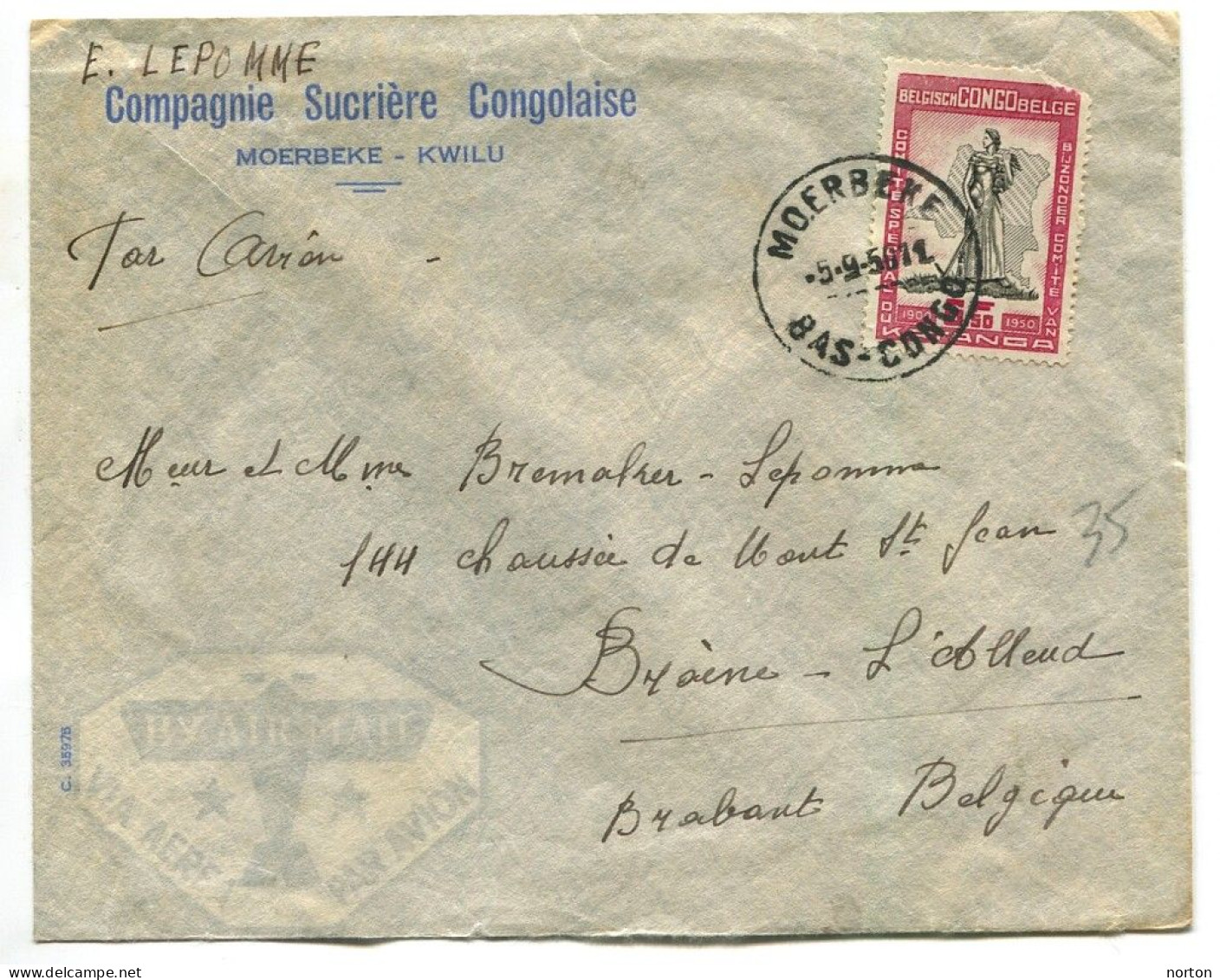 Congo Moerbeke Oblit. Keach 9.1-Dmyt Sur C.O.B. 299 Sur Lettre Vers Braine-L'Alleud Le 05/09/1950 - Lettres & Documents