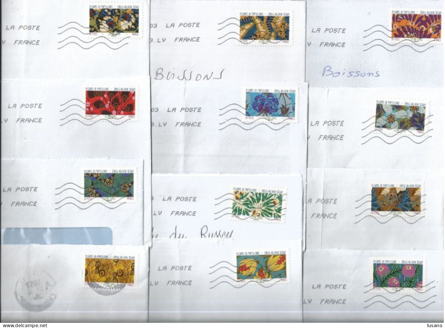 Série Complète De 12 Timbres Autoadhésifs "Fleurs Et Papillons" Sur Enveloppes Entières - Briefe U. Dokumente